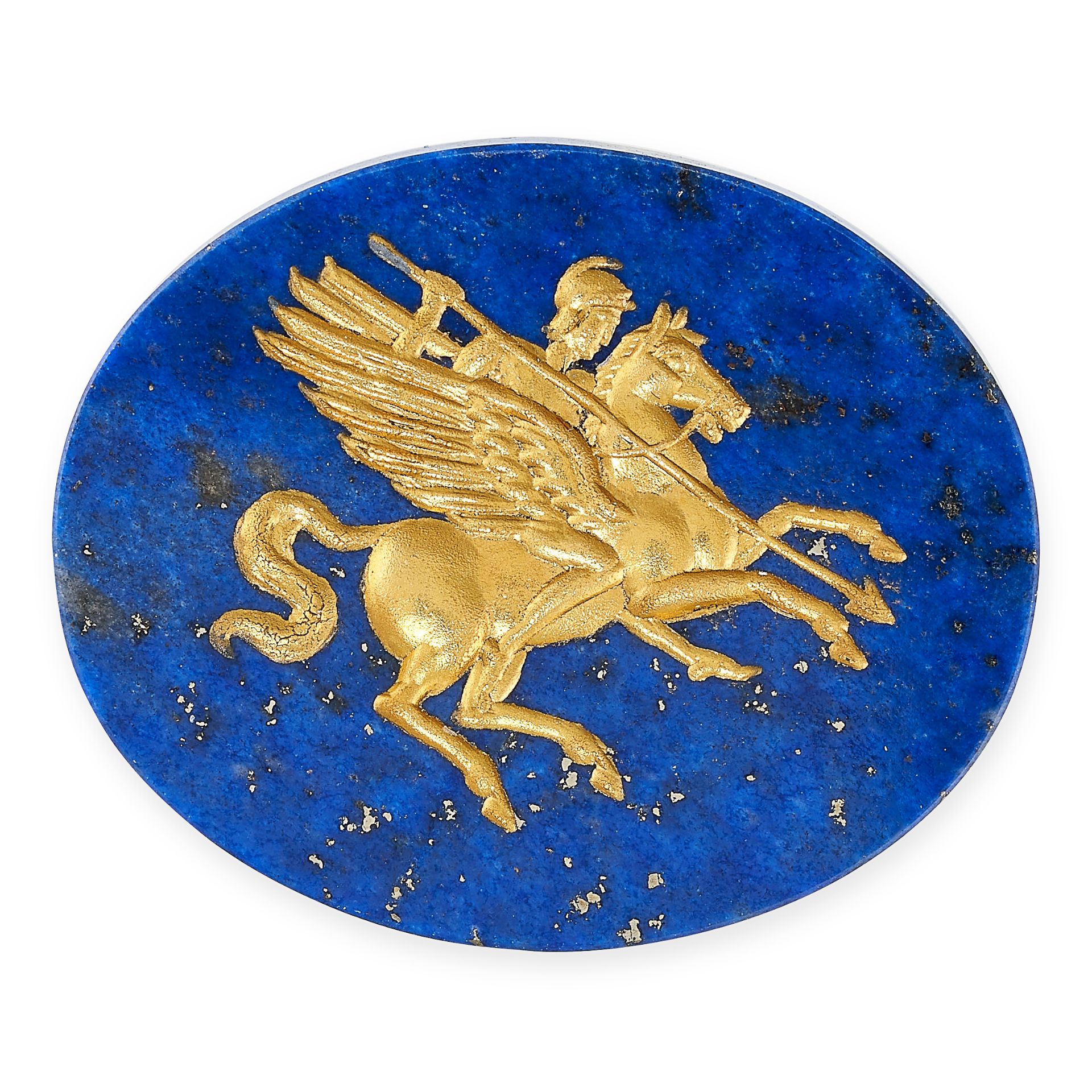 A LAPIS LAZULI INTAGLIO carved to depict Bellerophon riding Pegasus, 2.6cm, 2.8g.