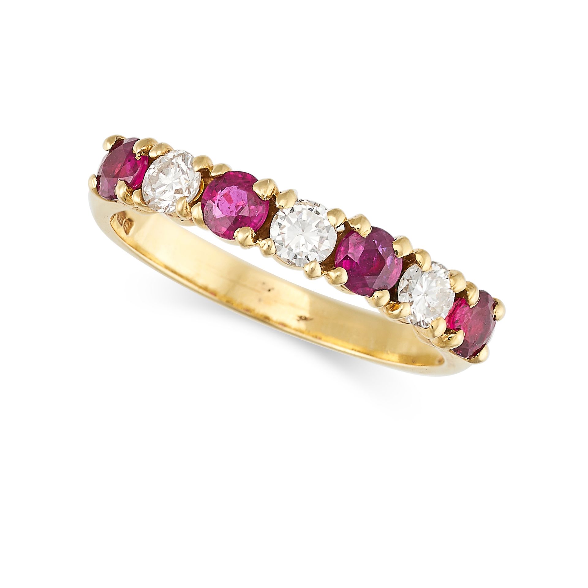 A RUBY AND DIAMOND HALF ETERNITY RING in 18ct yellow gold, set with a row of alternating round br...