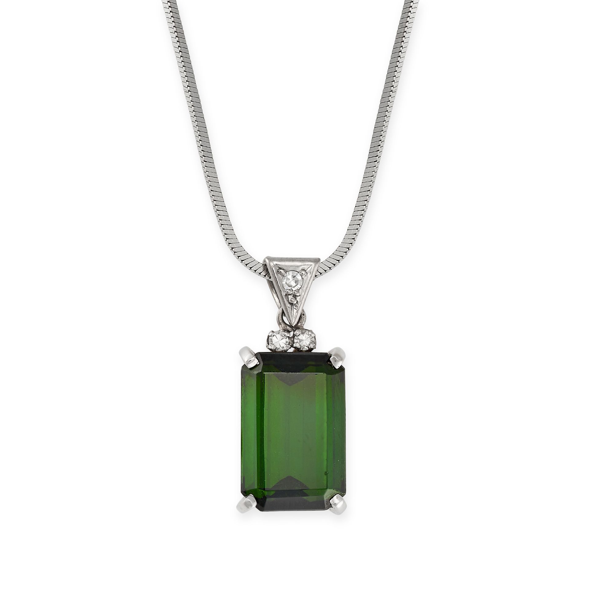 A GREEN TOURMALINE AND DIAMOND PENDANT NECKLACE in white gold, set with an octagonal cut green to...