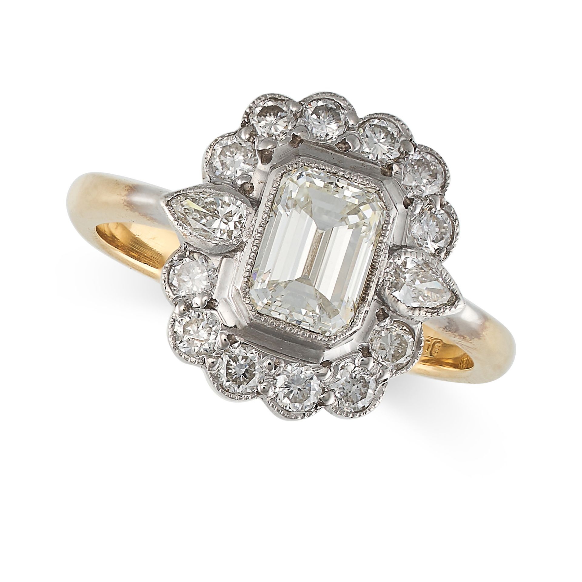 A DIAMOND CLUSTER RING in 18ct yellow gold, set with an emerald cut diamond of approximately 0.90...