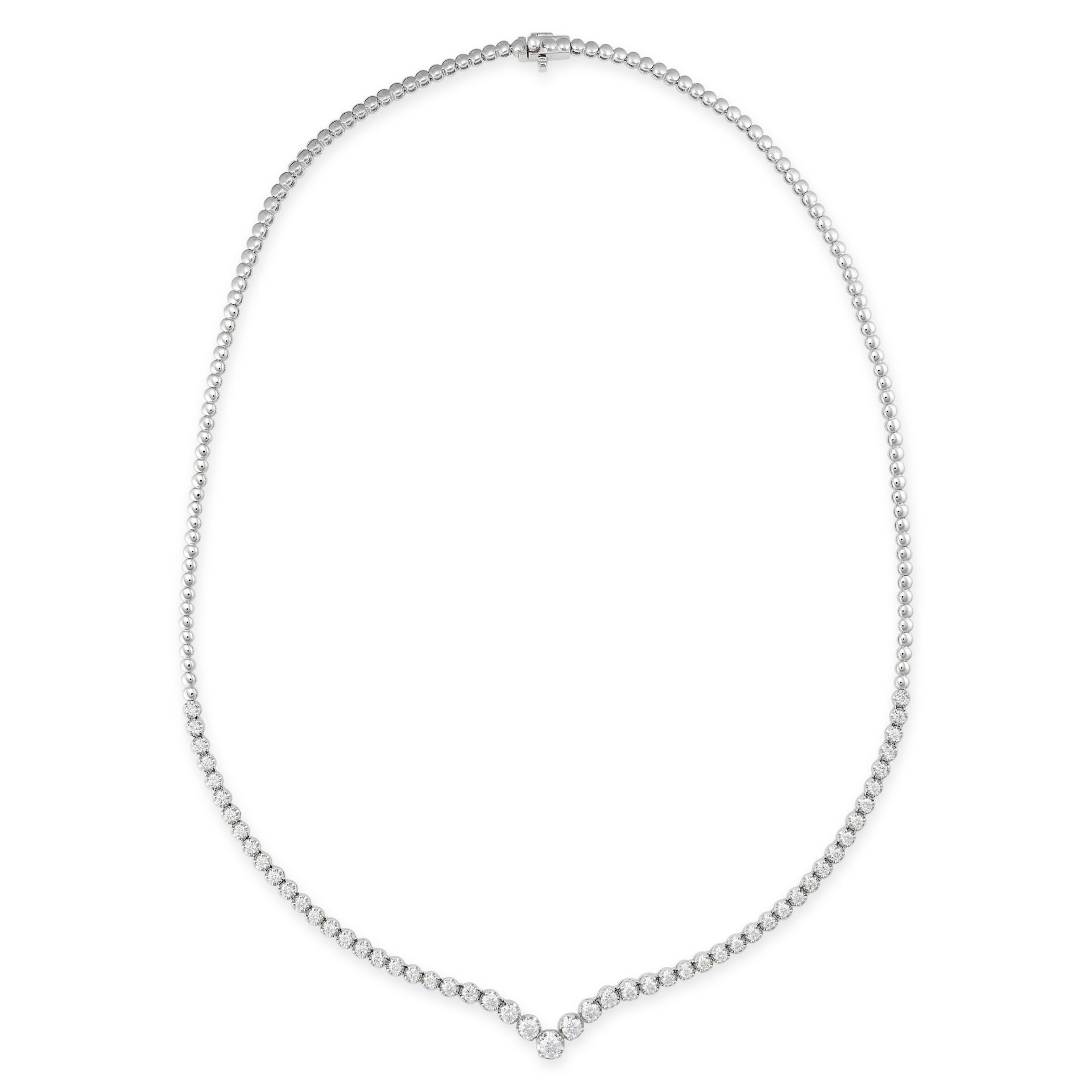 A DIAMOND LINE NECKLACE in 18ct white gold, set with a row of round brilliant cut diamonds, the d...