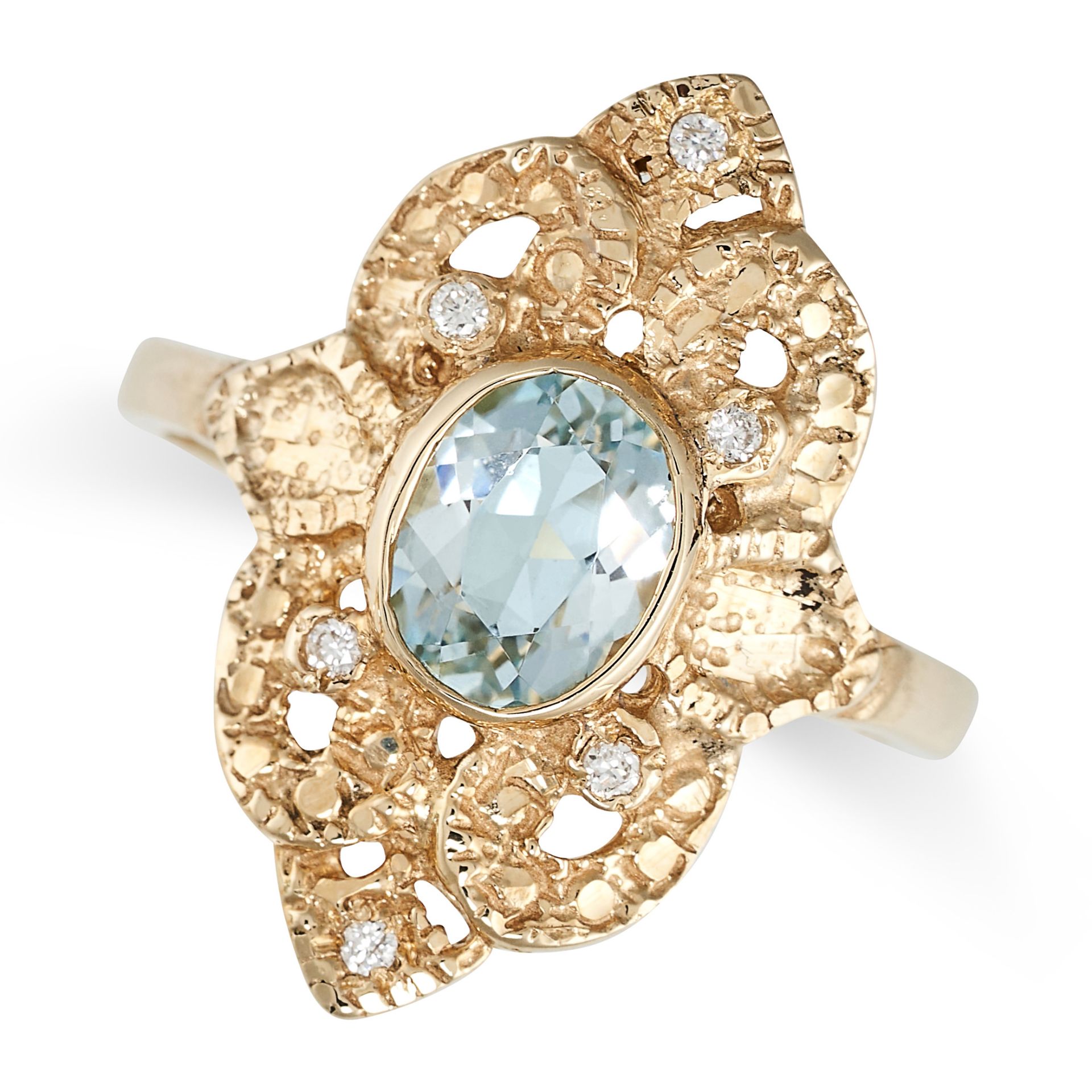 AN AQUAMARINE AND DIAMOND DRESS RING in 9ct yellow gold, set with an oval cut aquamarine to a sty...