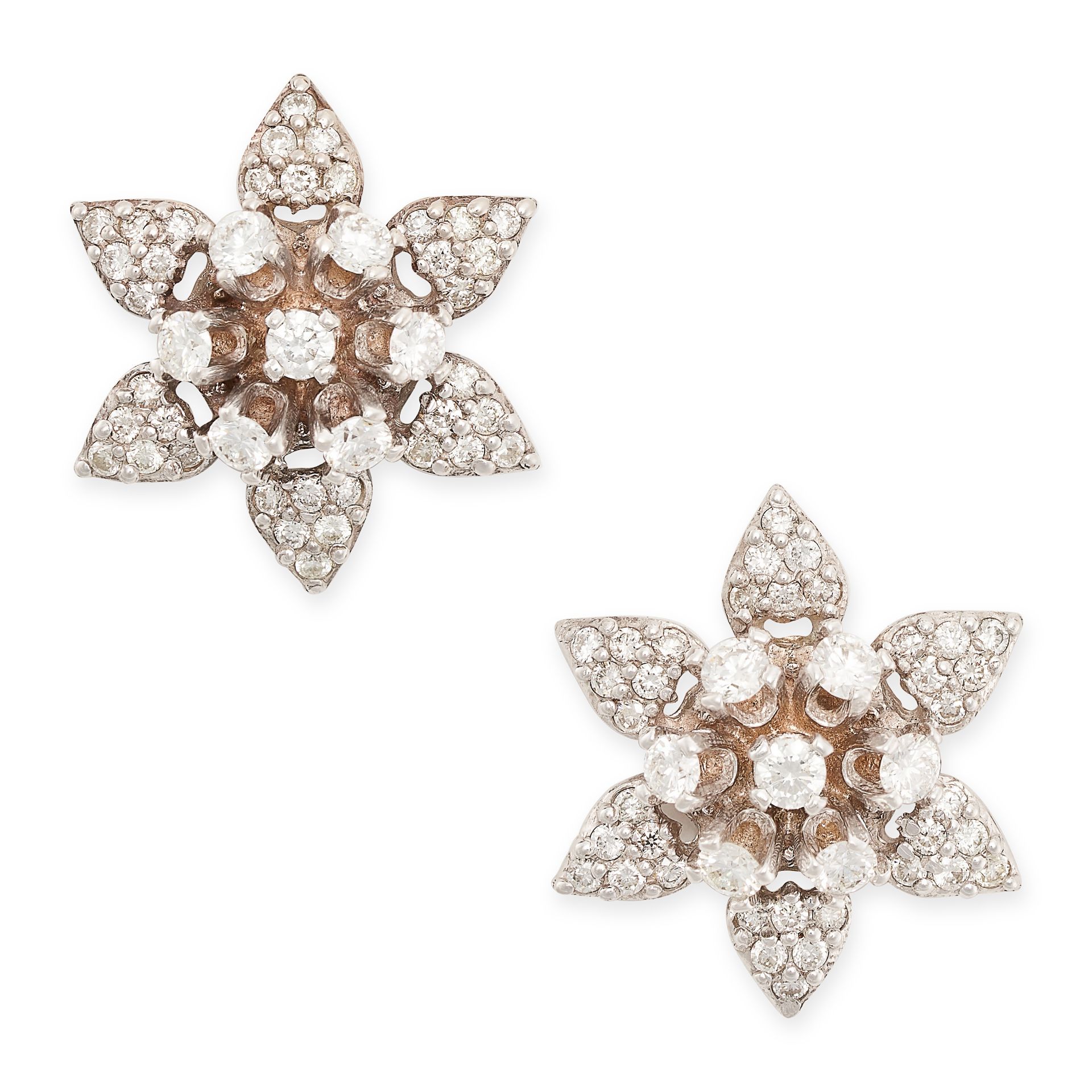 A PAIR OF VINTAGE DIAMOND FLOWER STUD EARRINGS in 14ct white gold, each designed as a flower, set...