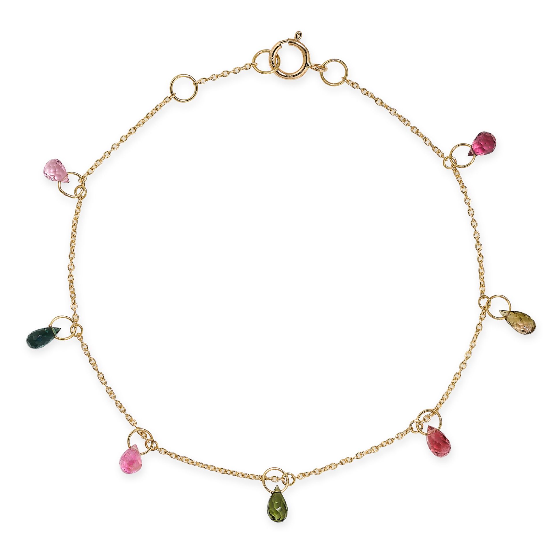 A MULTICOLOURED TOURMALINE BRACELET in 18ct yellow gold, set with a row of green and pink briolet...