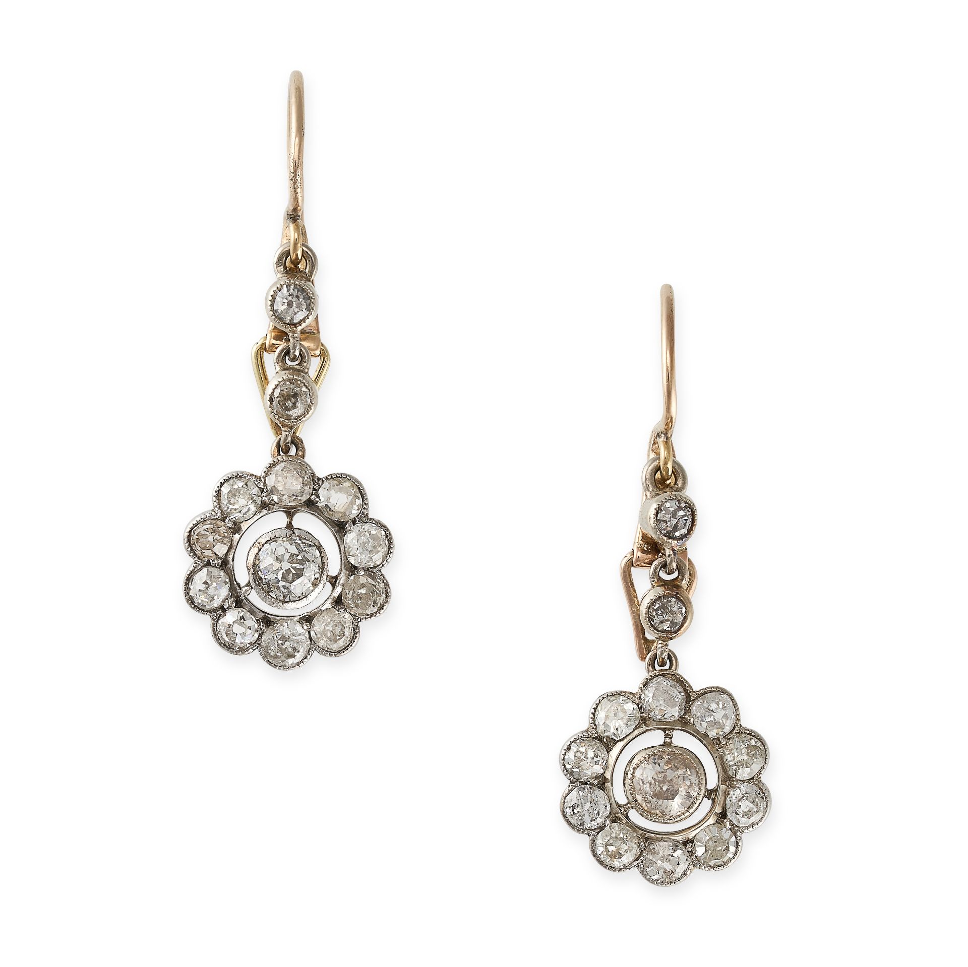 A PAIR OF ANTIQUE DIAMOND DROP EARRINGS each set with a row of two old cut diamonds suspending an...