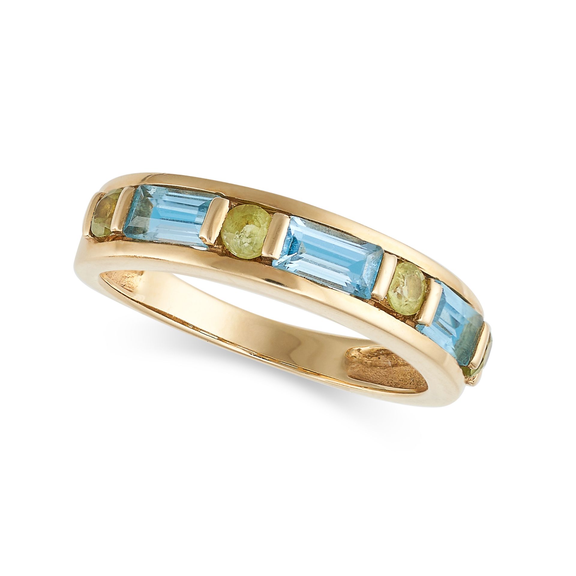 A VINTAGE FRENCH PERIDOT AND TOPAZ HALF ETERNITY RING in 18ct yellow gold, set with alternating r...