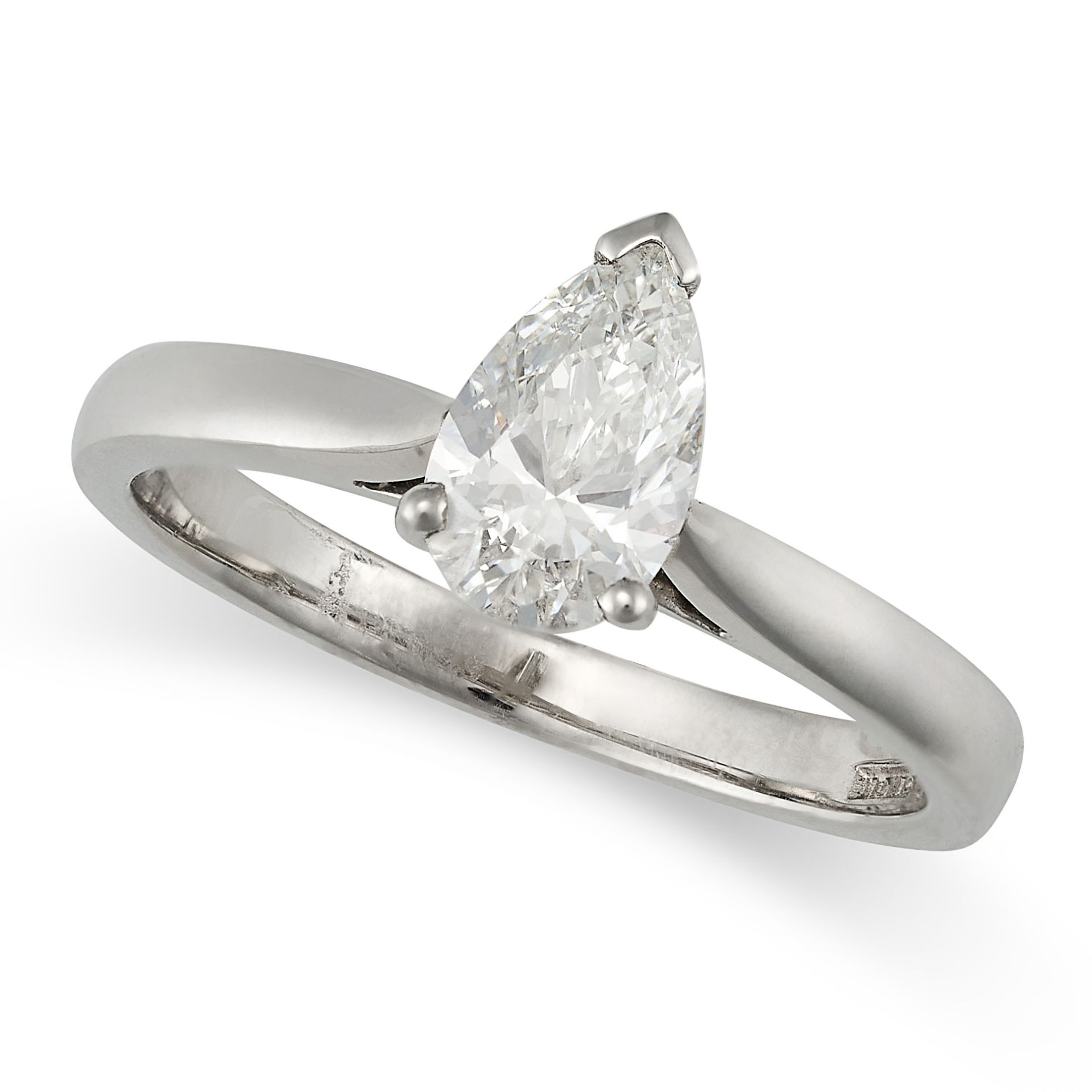 A SOLITAIRE DIAMOND ENGAGMENT RING in platinum, set with a pear cut diamond of 0.80 carats, full ...