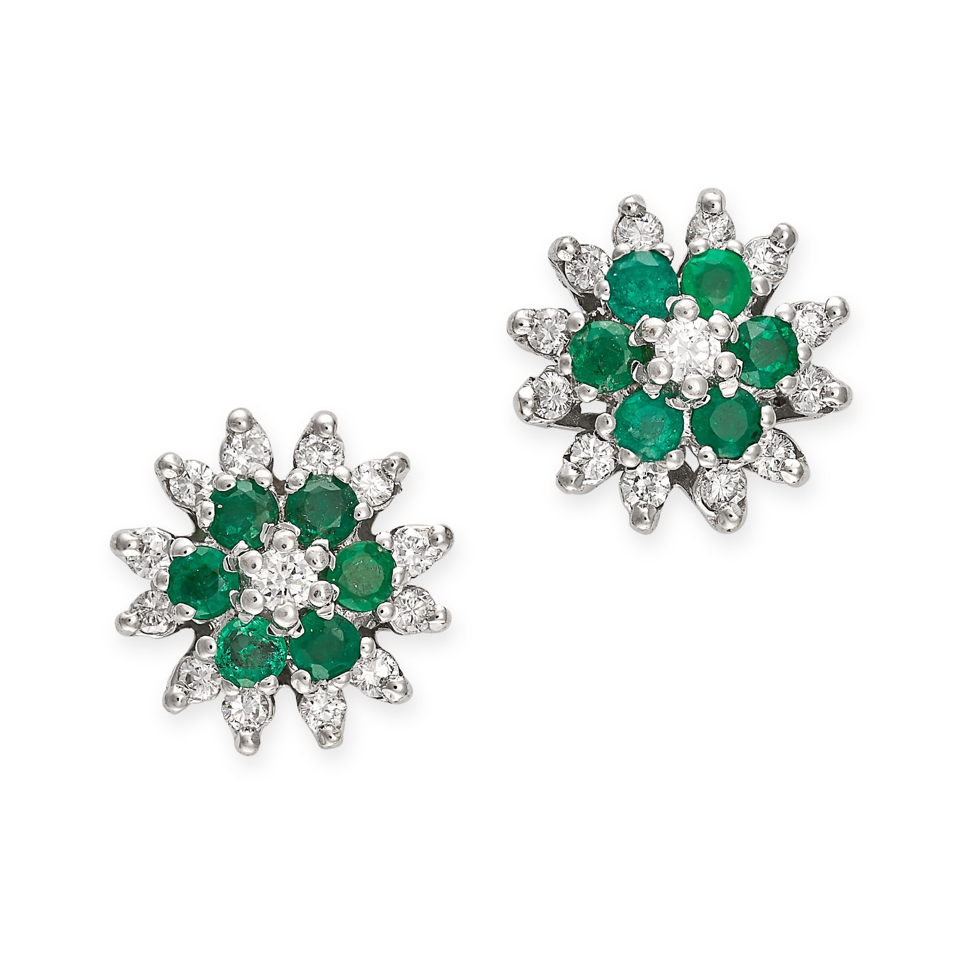 A PAIR OF EMERALD AND DIAMOND CLUSTER EARRINGS in 18ct white gold, each set with a round brillian...