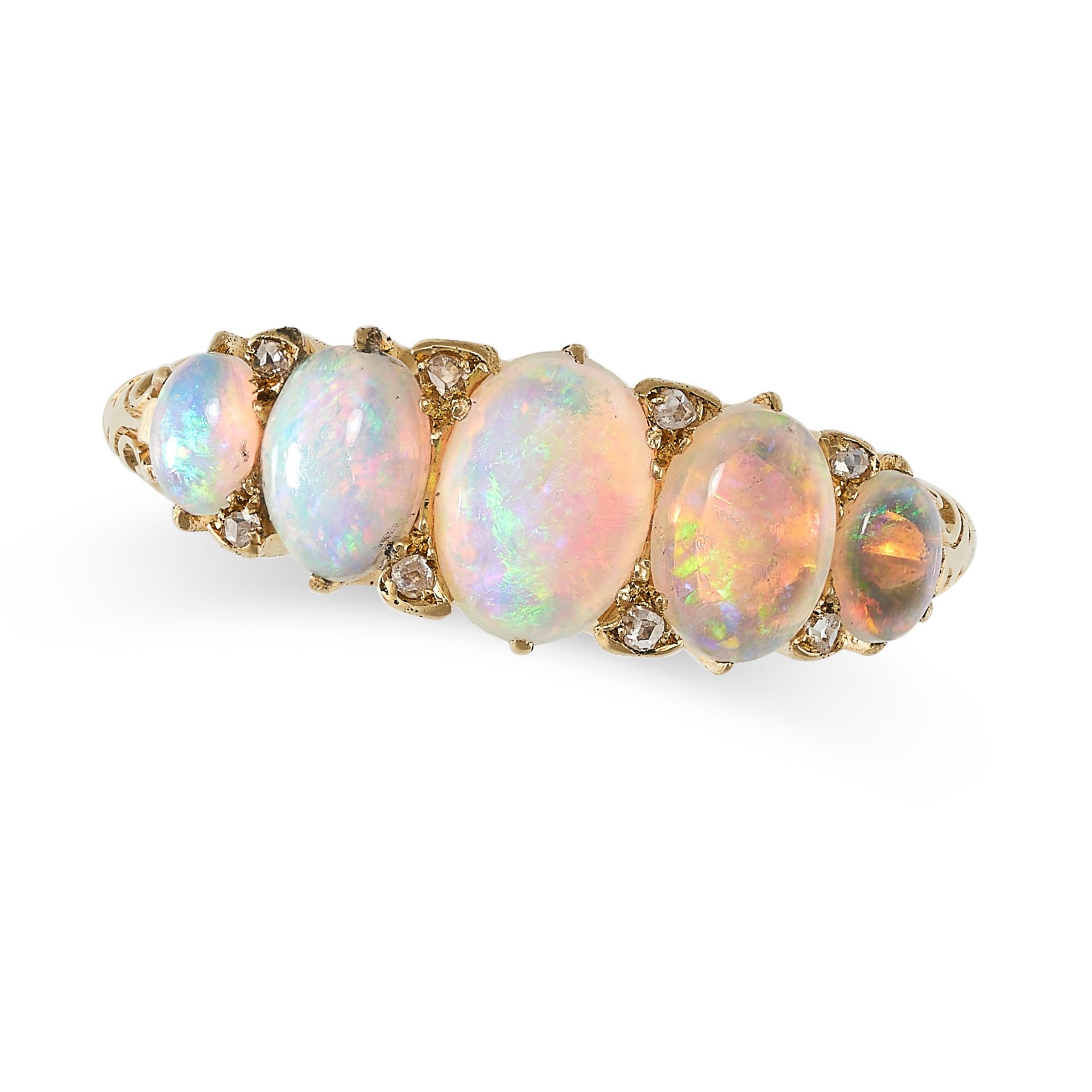 AN ANTIQUE VICTORIAN OPAL AND DIAMOND RING in 18ct yellow gold, set with five graduated cabochon ...