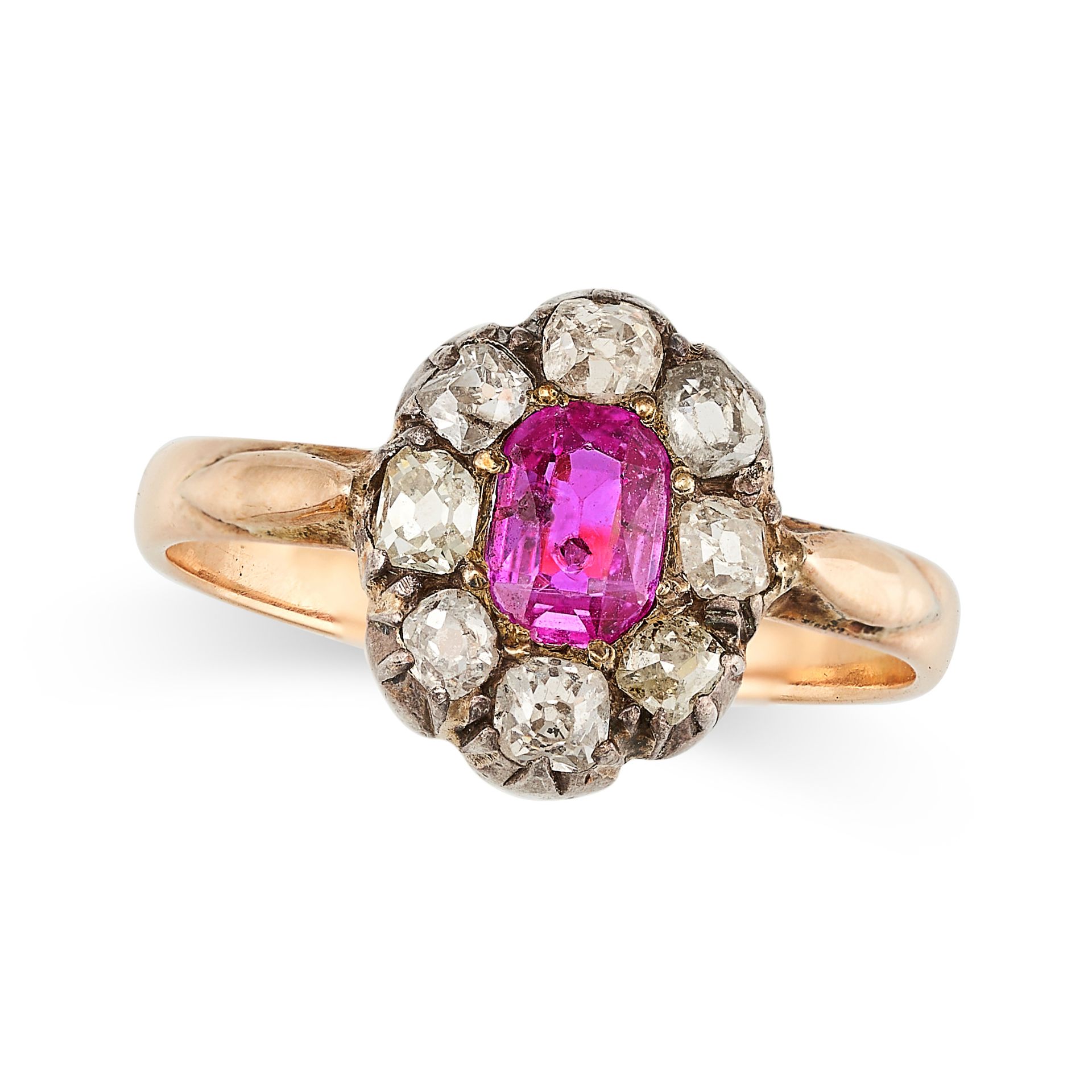 AN ANTIQUE VICTORIAN RUBY AND DIAMOND CLUSTER RING in 18ct rose gold and silver, set with an oval...