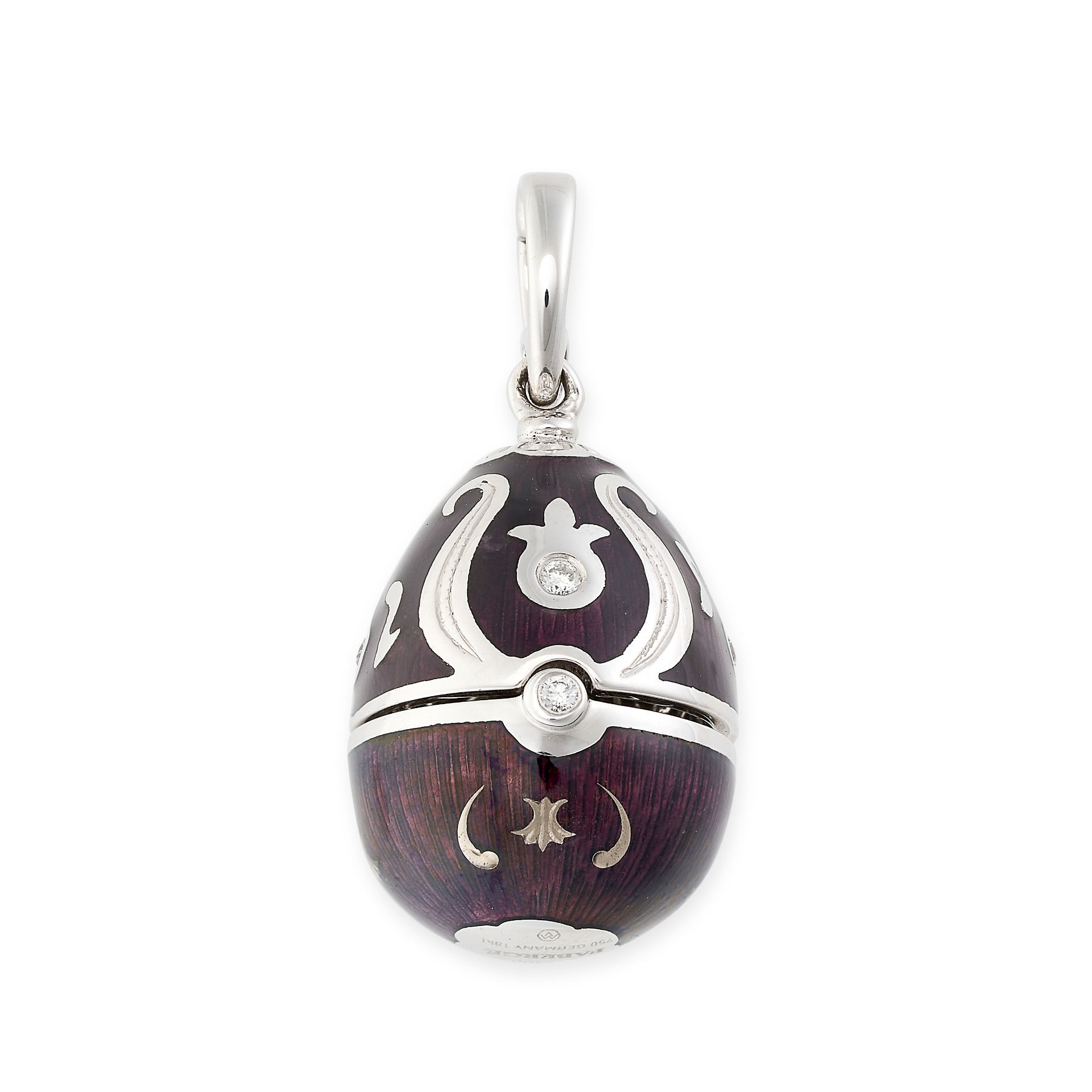 FABERGE, AN ENAMEL AND DIAMOND EGG CHARM / PENDANT in 18ct white gold, designed as a hinged egg d...