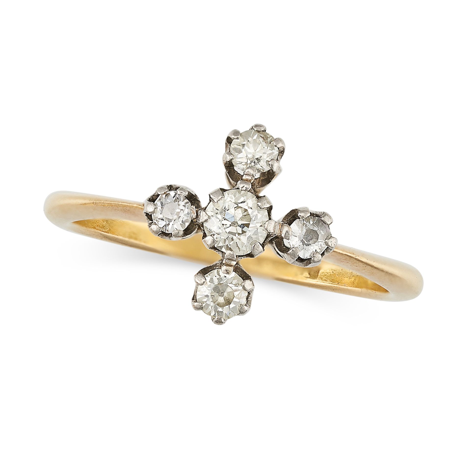 AN ANTIQUE DIAMOND CLUSTER RING in 18ct yellow gold and platinum, set with five old cut diamonds ...