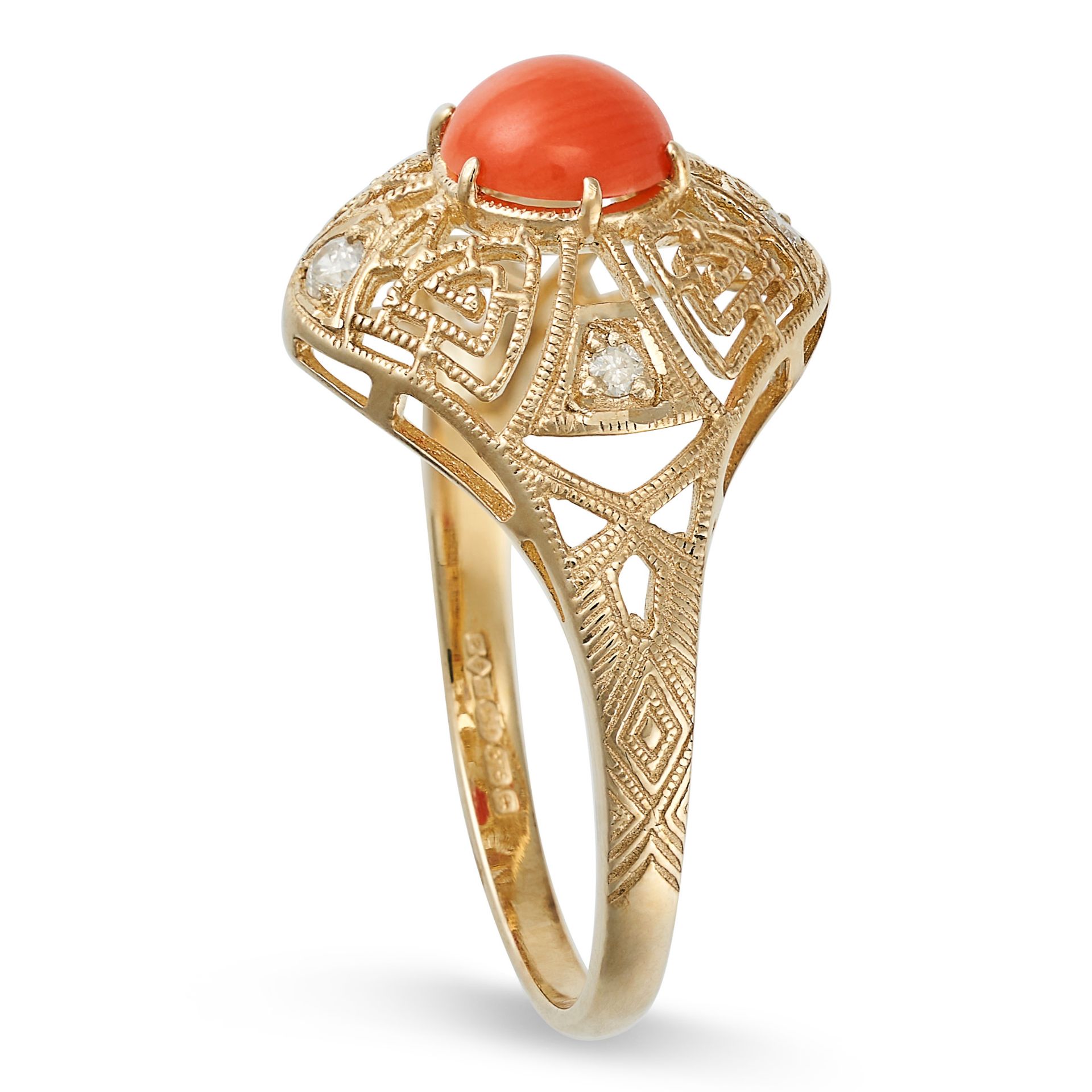 A CORAL AND DIAMOND DRESS RING in 9ct yellow gold, set with a circular cabochon coral in an openw... - Image 2 of 2