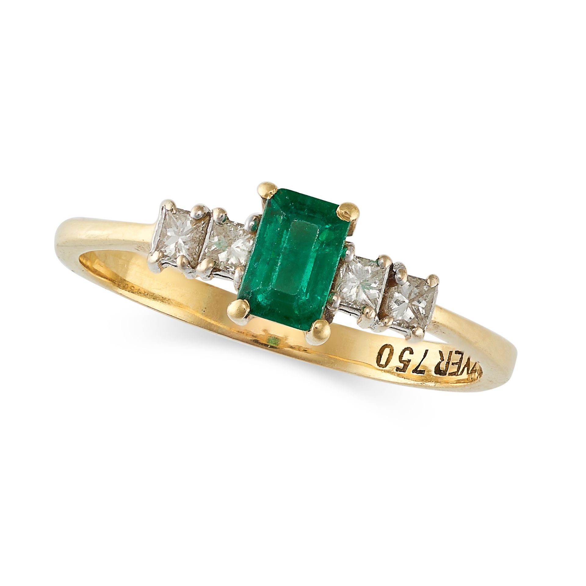 AN EMERALD AND DIAMOND RING in 18ct yellow gold, set with an octagonal cut emerald accented by pr...
