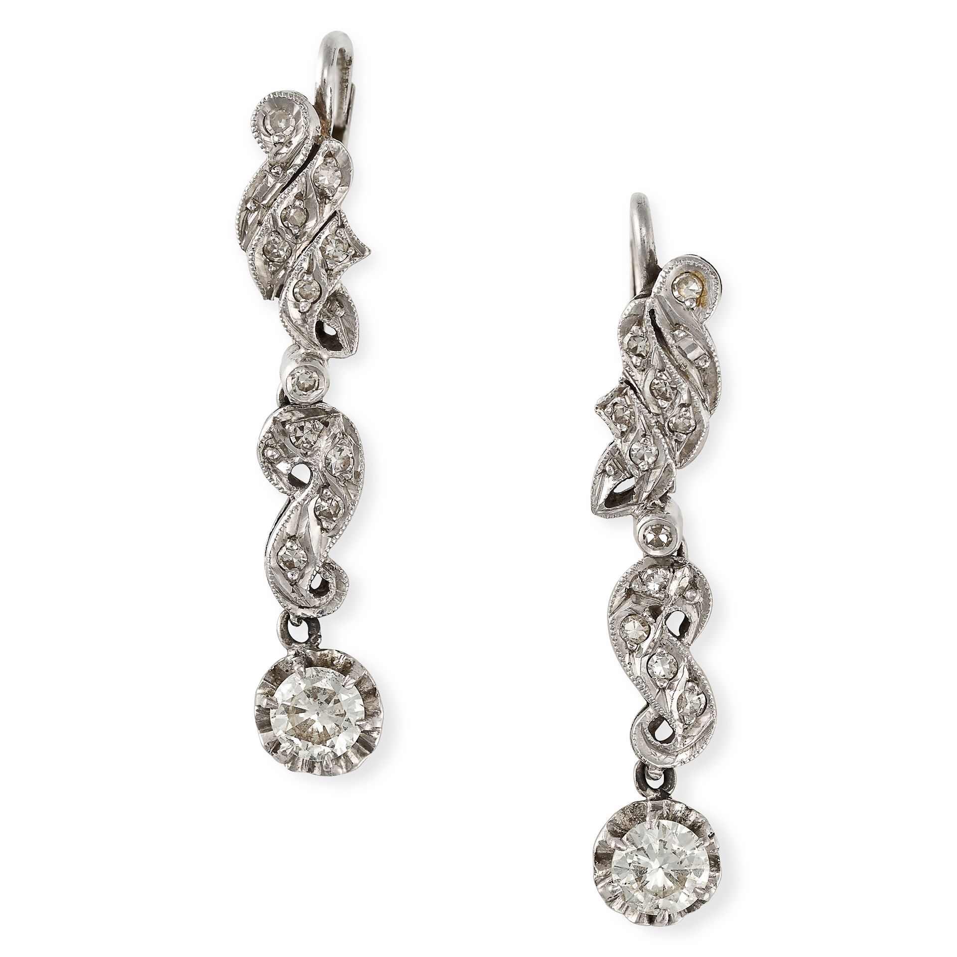 A PAIR OF DIAMOND DROP EARRINGS in white gold, designed as series of articulated scrolling links,...