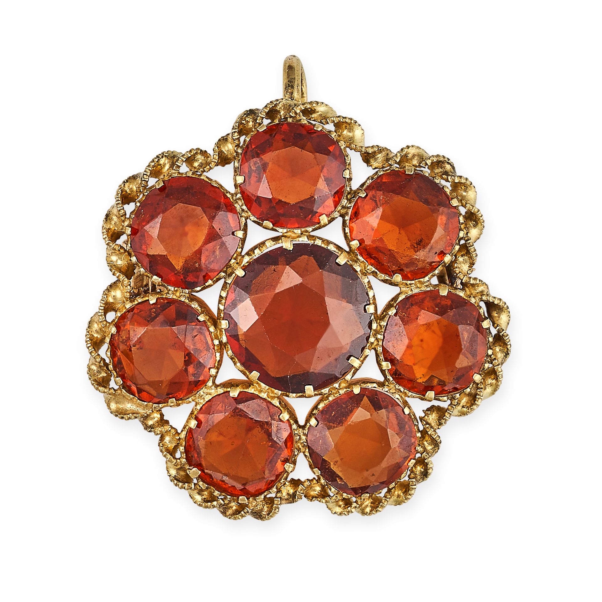 AN ANTIQUE PASTE CLUSTER BROOCH / PENDANT in yellow gold, comprising a cluster of orange paste ge...