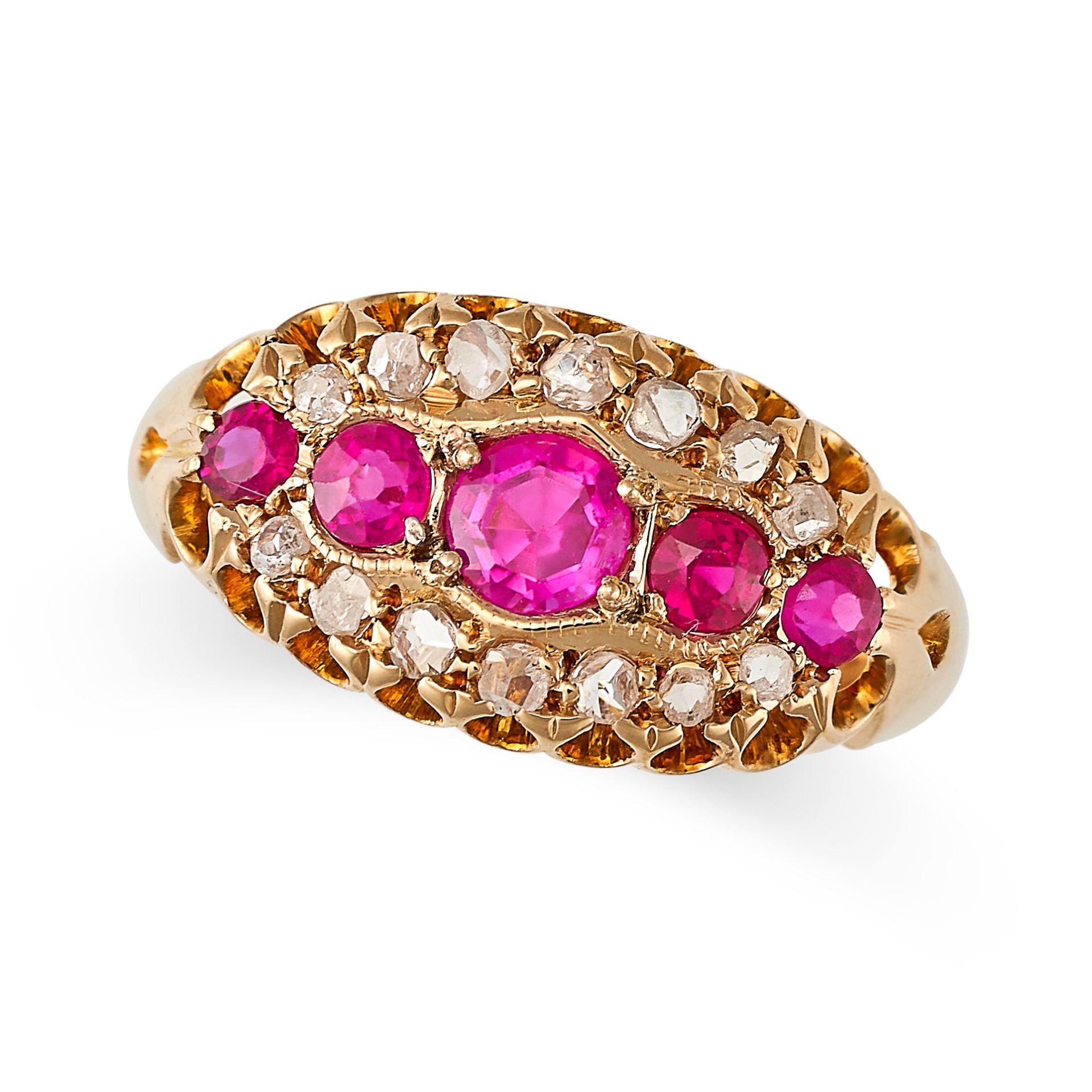 AN ANTIQUE RUBY AND DIAMOND RING in 18ct yellow gold, set with a graduated row of round cut rubie...