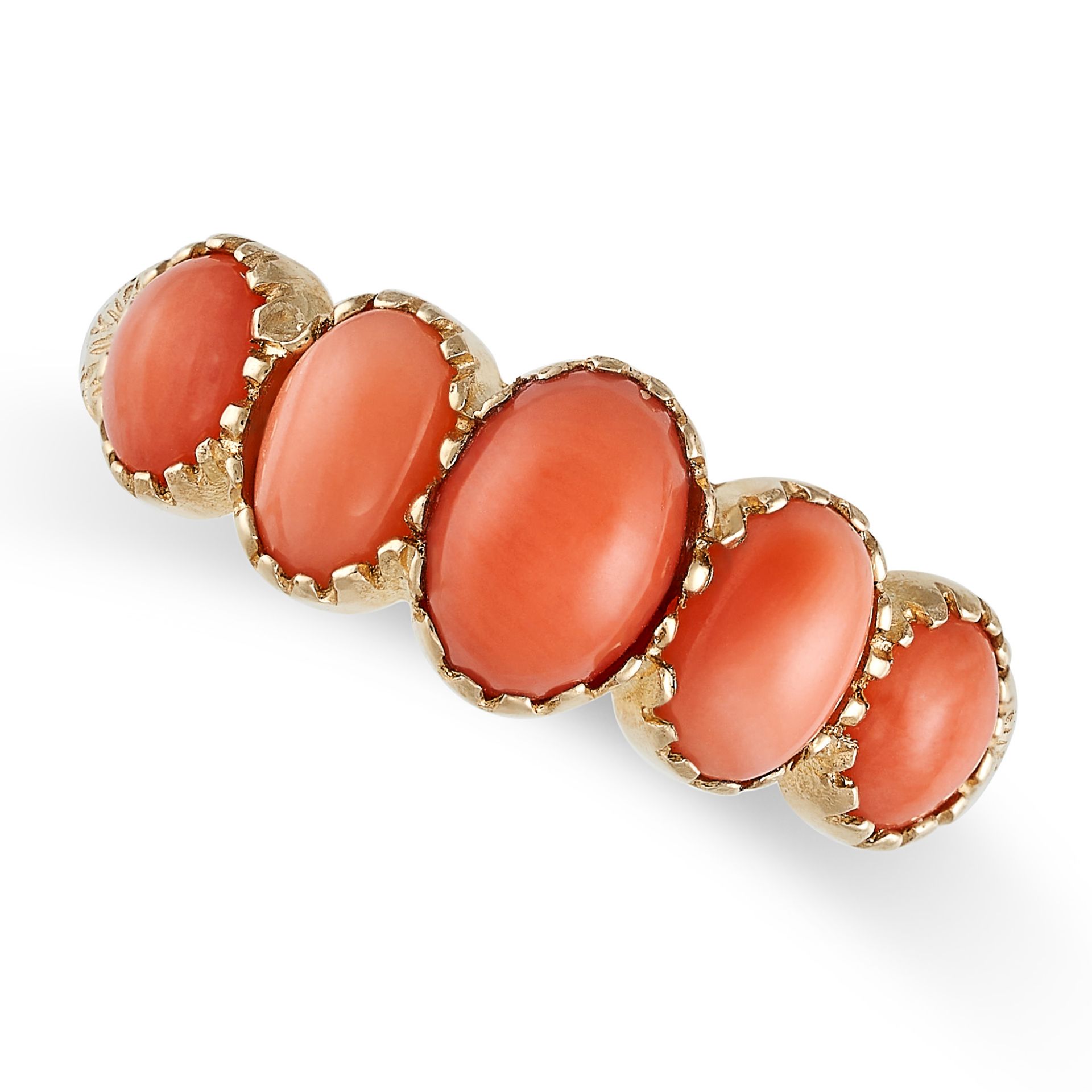 A CORAL FIVE STONE RING in 9ct yellow gold, set with five oval cabochon cut coral to engraved sho...