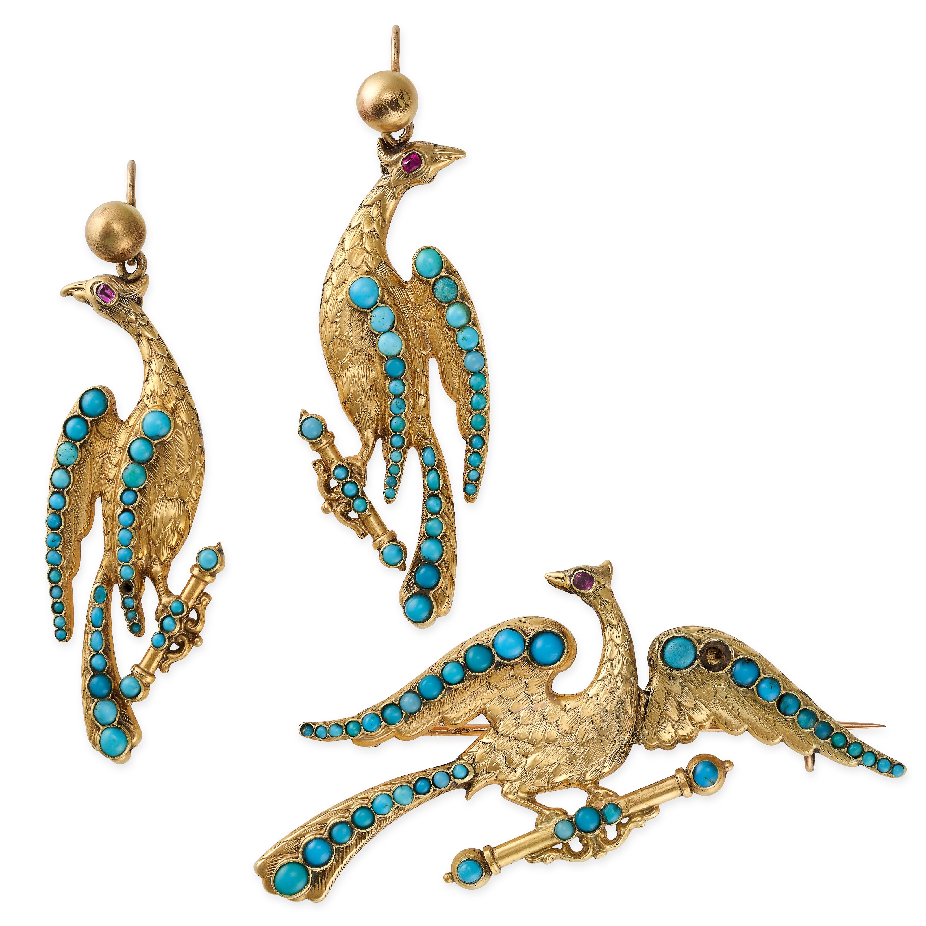 AN ANTIQUE TURQUOISE AND RUBY BIRD BROOCH AND EARRINGS SUITE in yellow gold, the brooch designed