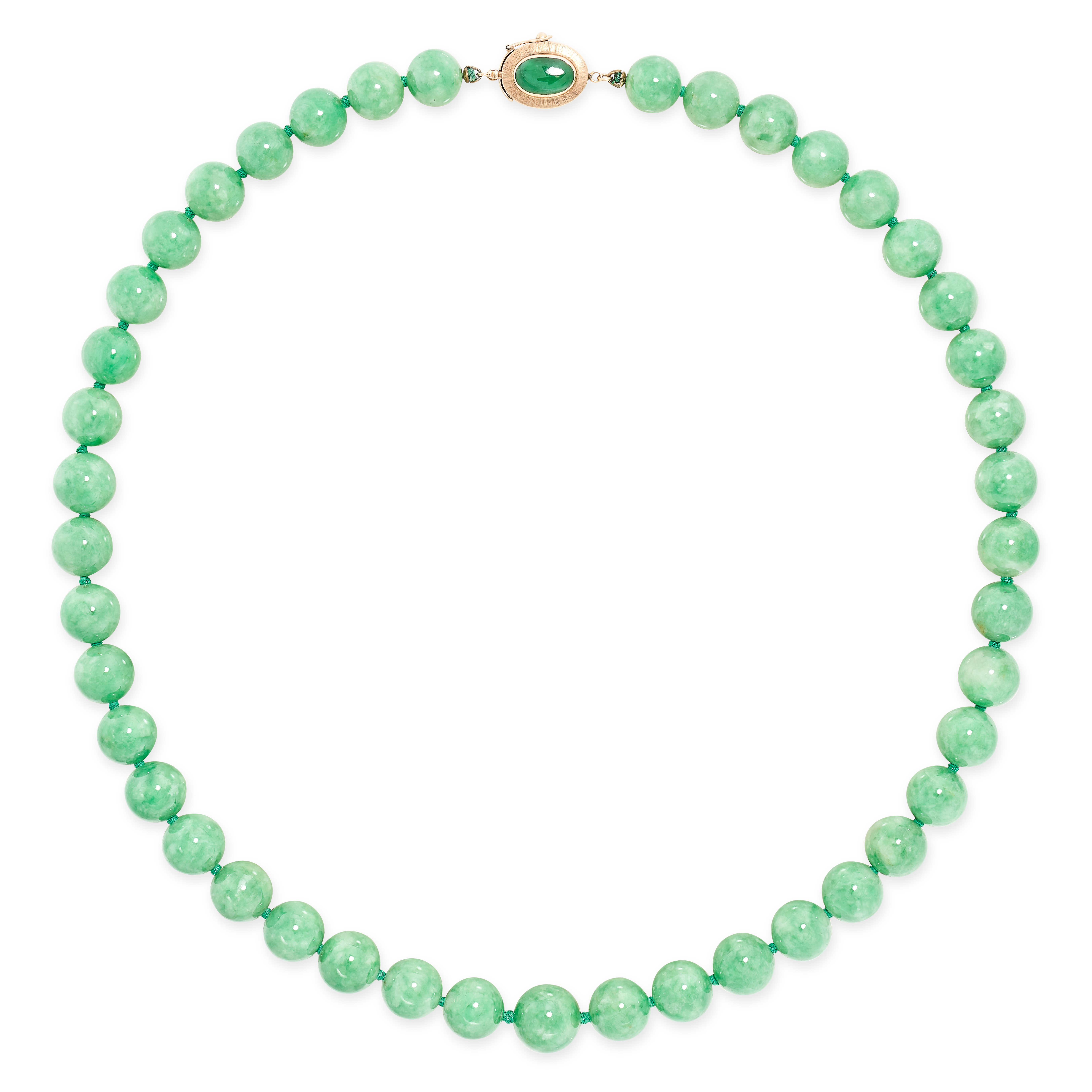 A NATURAL JADEITE JADE BEAD NECKLACE in 14ct yellow gold, comprising a single row of polished