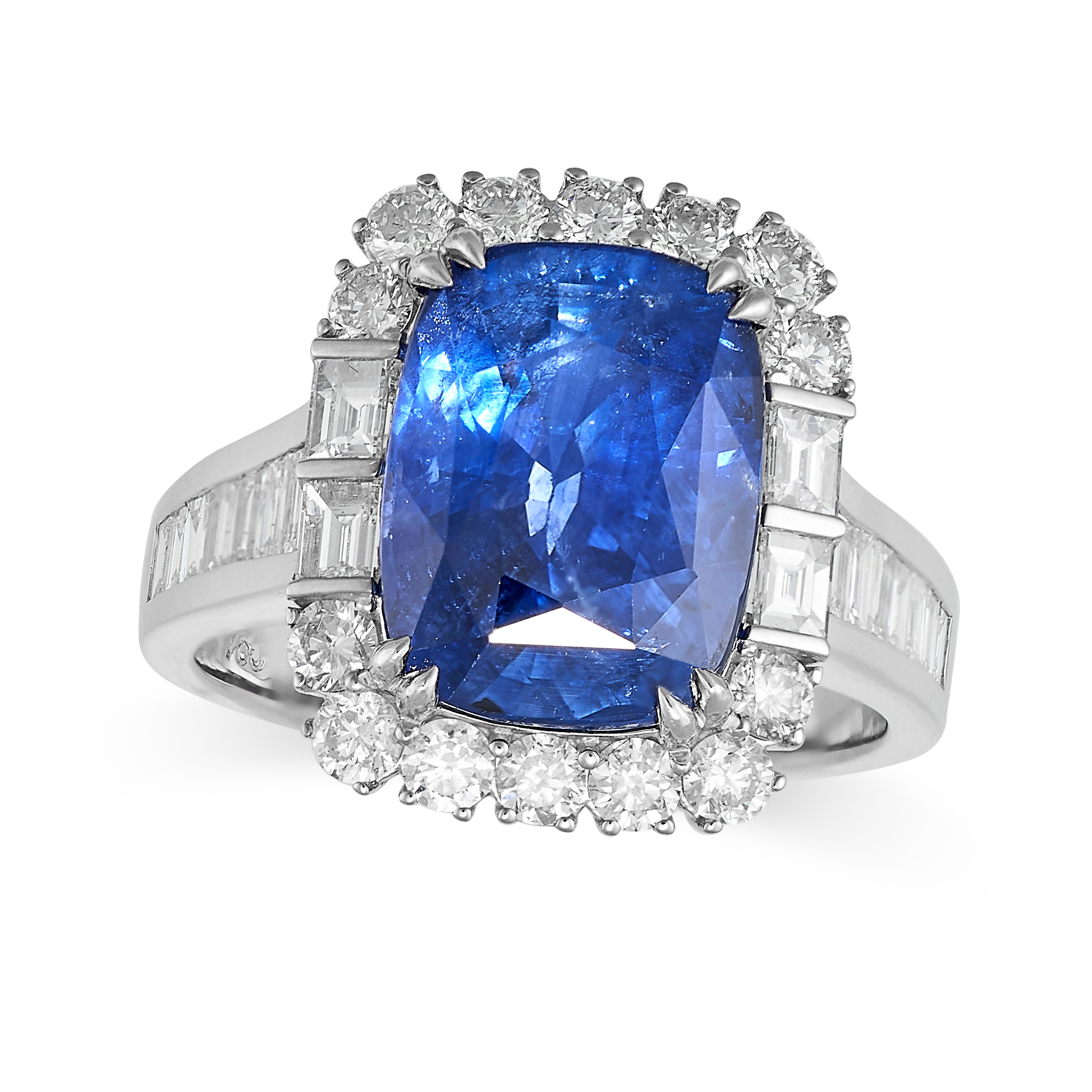 A SAPPHIRE AND DIAMOND DRESS RING in 18ct white gold, set with a cushion cut sapphire of 6.91 carats