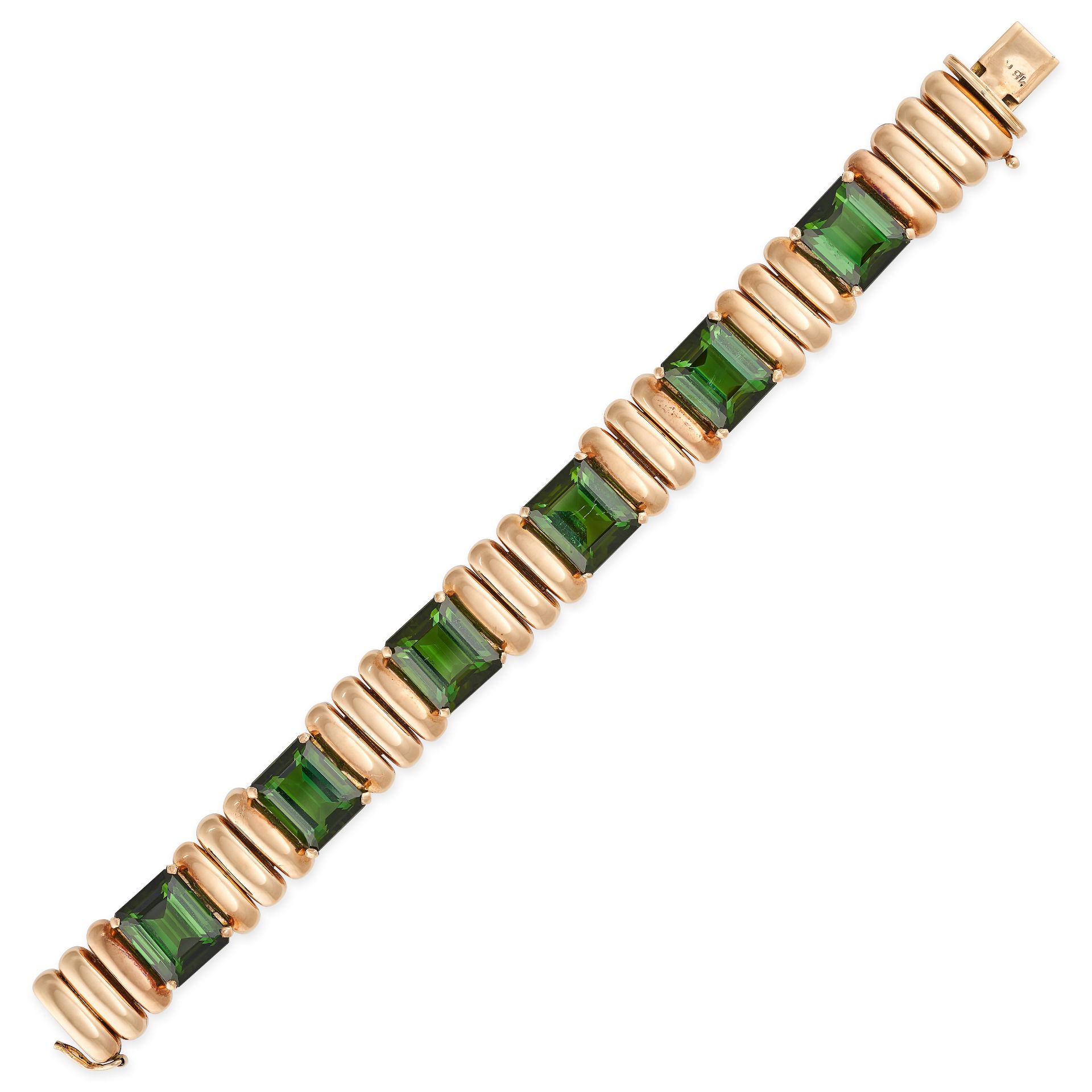 A VINTAGE GREEN TOURMALINE AND GOLD BRACELET in 18ct rose gold, set with size octagonal step cut