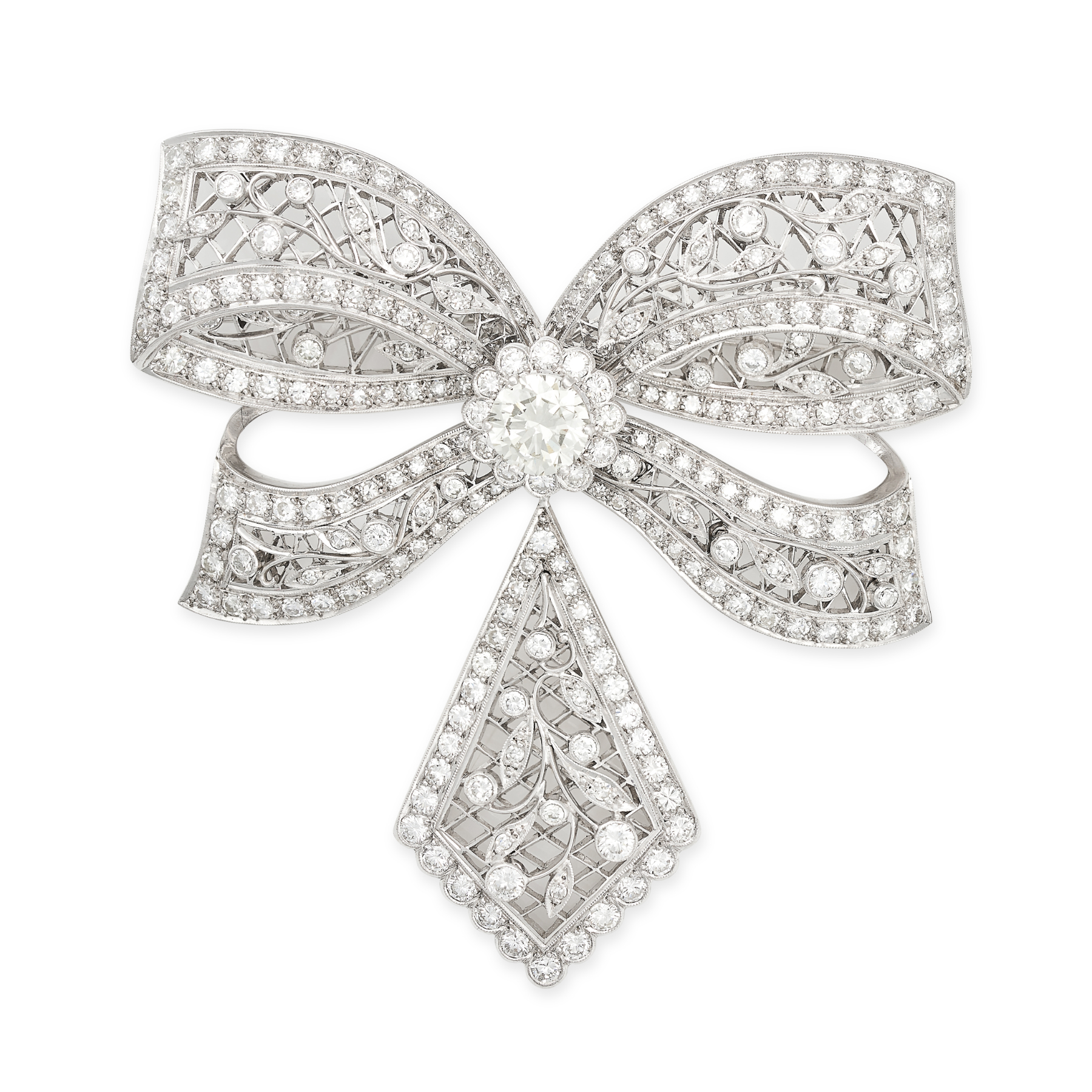 A DIAMOND BOW BROOCH designed as a bow set to the centre with a round brilliant cut diamond of