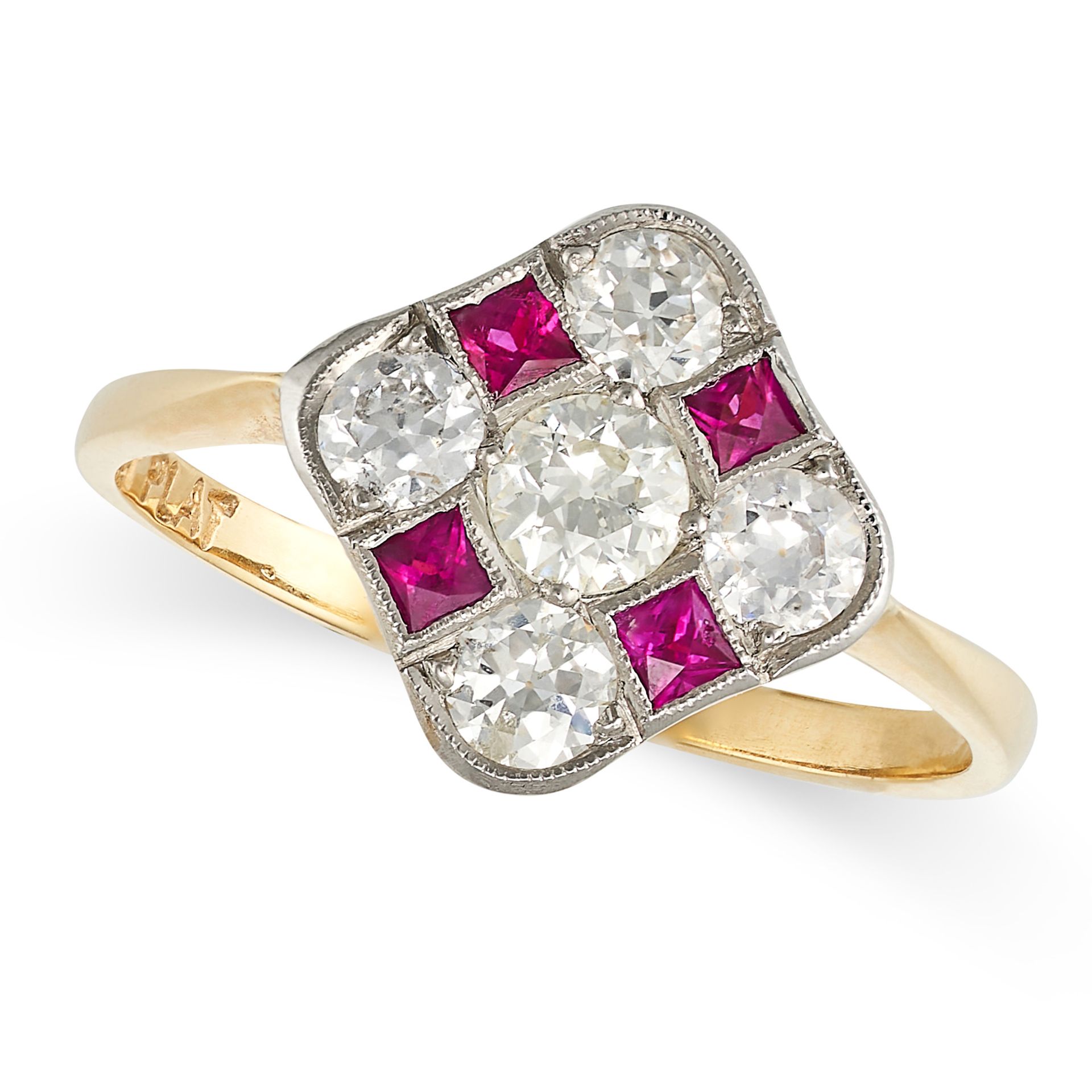 A RUBY AND DIAMOND RING in platinum and 18ct yellow gold, set with old cut diamonds and square