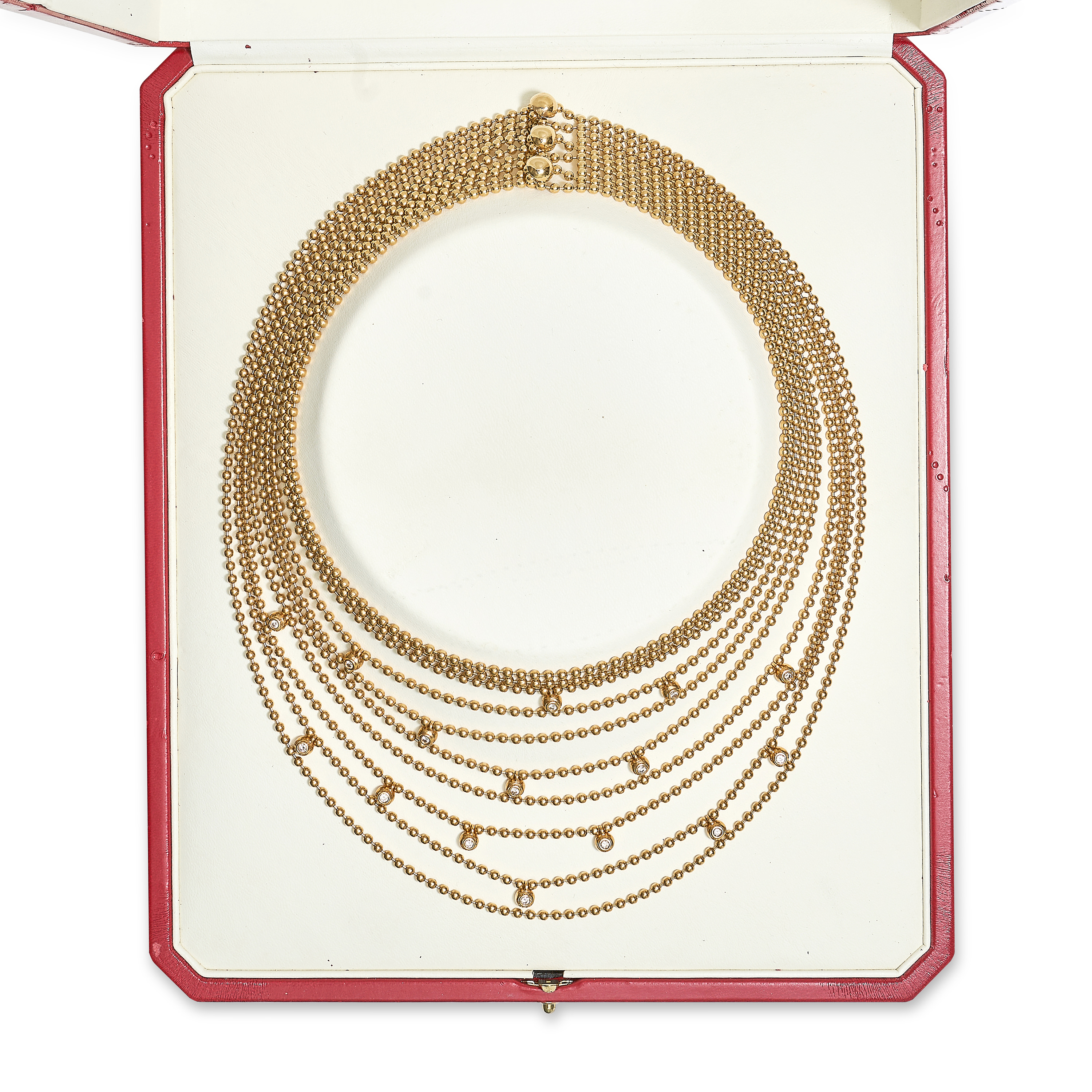 A DIAMOND AND GOLD BEAD NECKLACE in 18ct yellow gold, comprising ten rows of gold beads, fifteen - Image 2 of 2