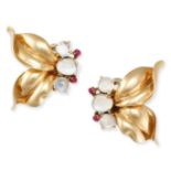 A PAIR OF VINTAGE MOONSTONE AND RUBY EARRINGS in yellow gold, each designed as a pair of leaves