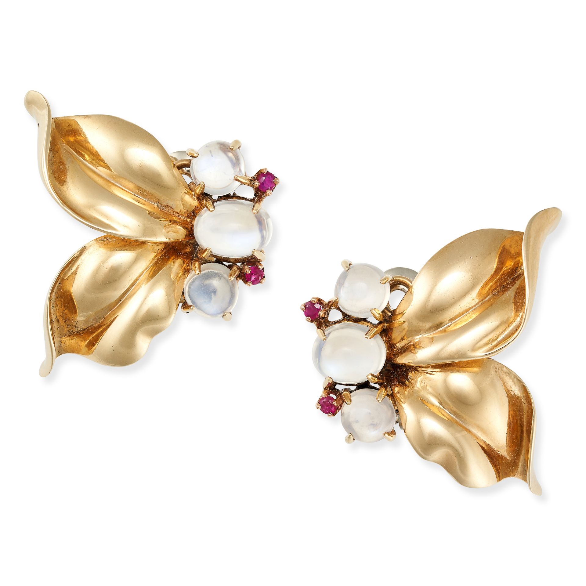 A PAIR OF VINTAGE MOONSTONE AND RUBY EARRINGS in yellow gold, each designed as a pair of leaves