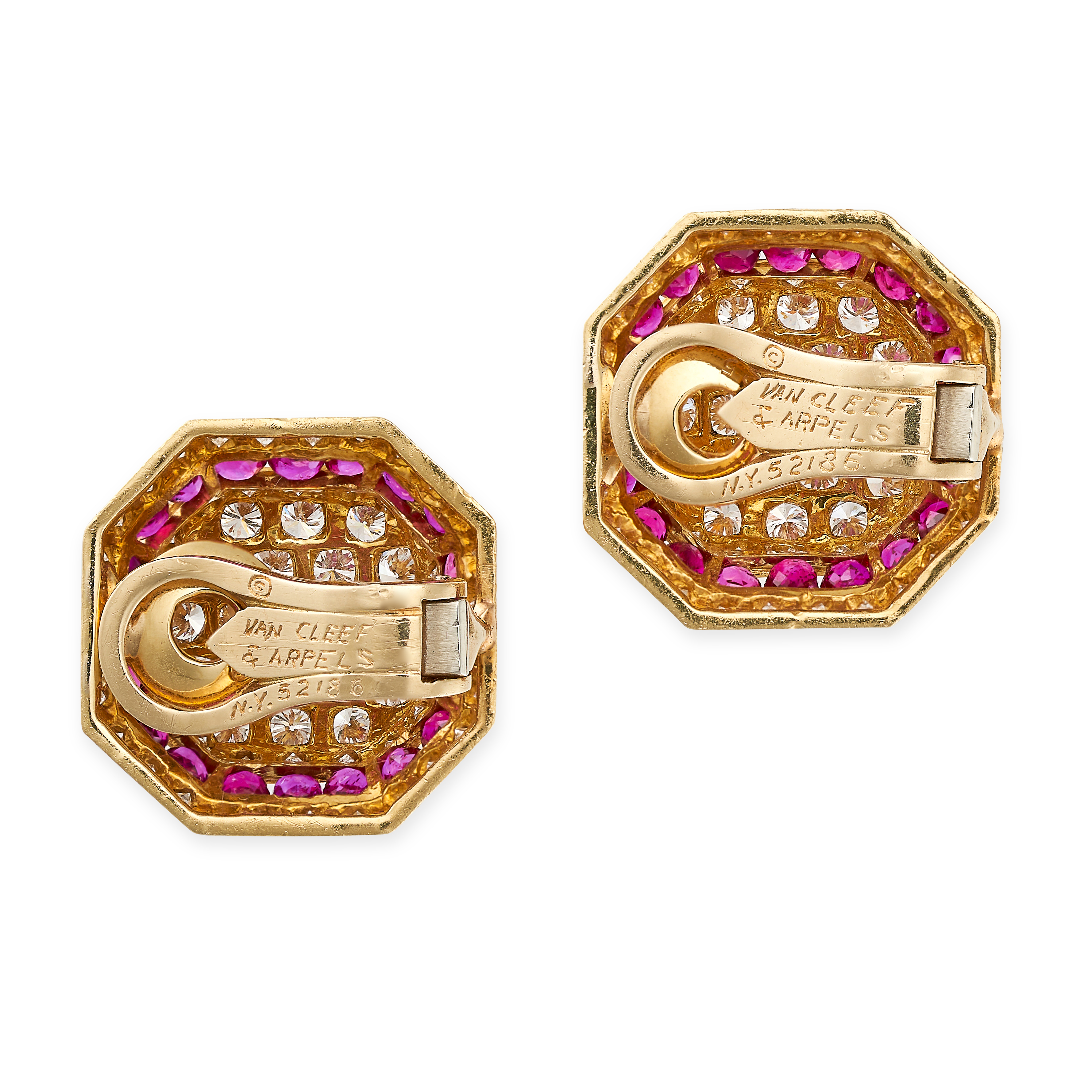 VAN CLEEF & ARPELS, A PAIR OF VINTAGE RUBY AND DIAMOND EARRINGS in 18ct yellow gold, each designed - Image 2 of 2