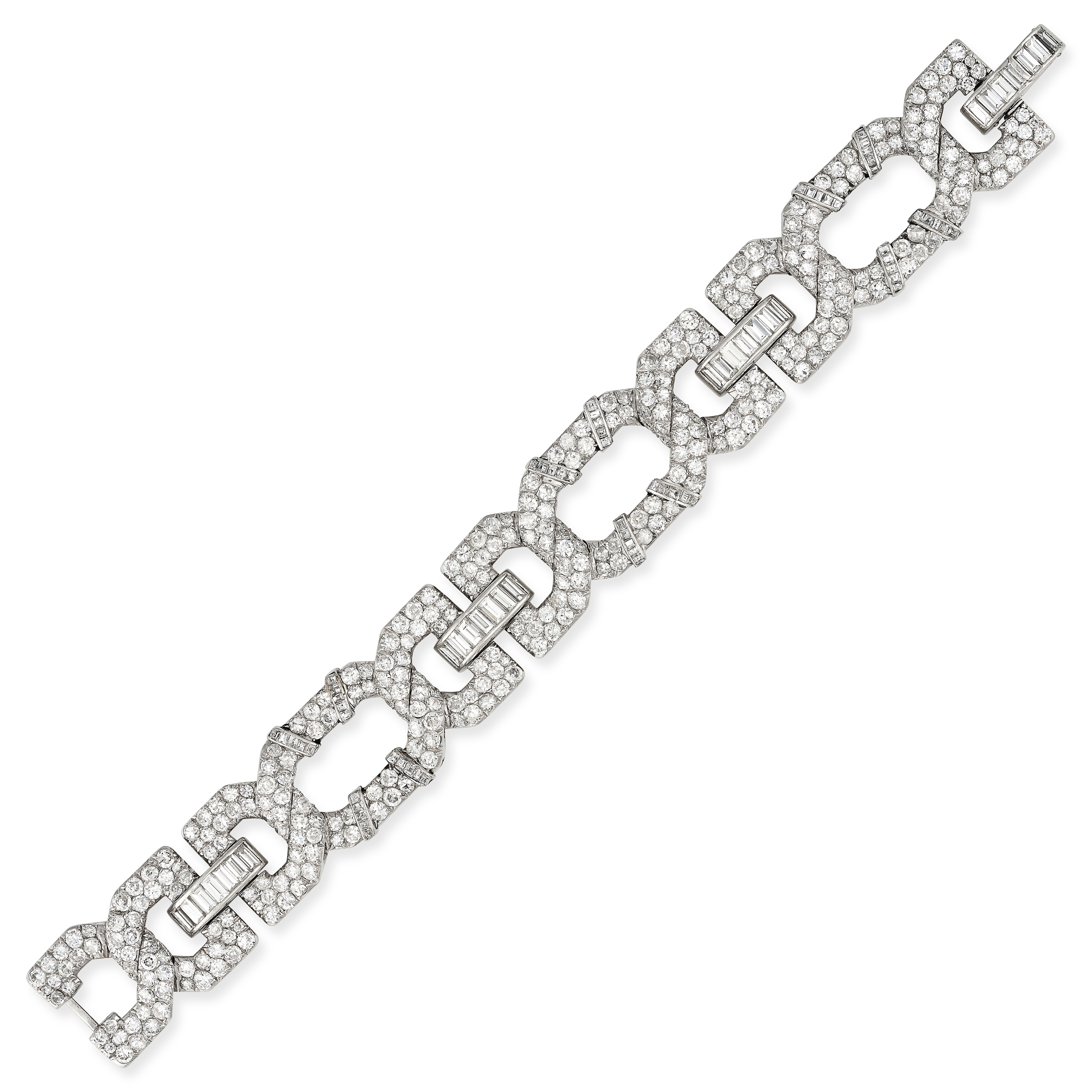 CARTIER, AN IMPORTANT ART DECO DIAMOND BRACELET in platinum, the geometric links set with round