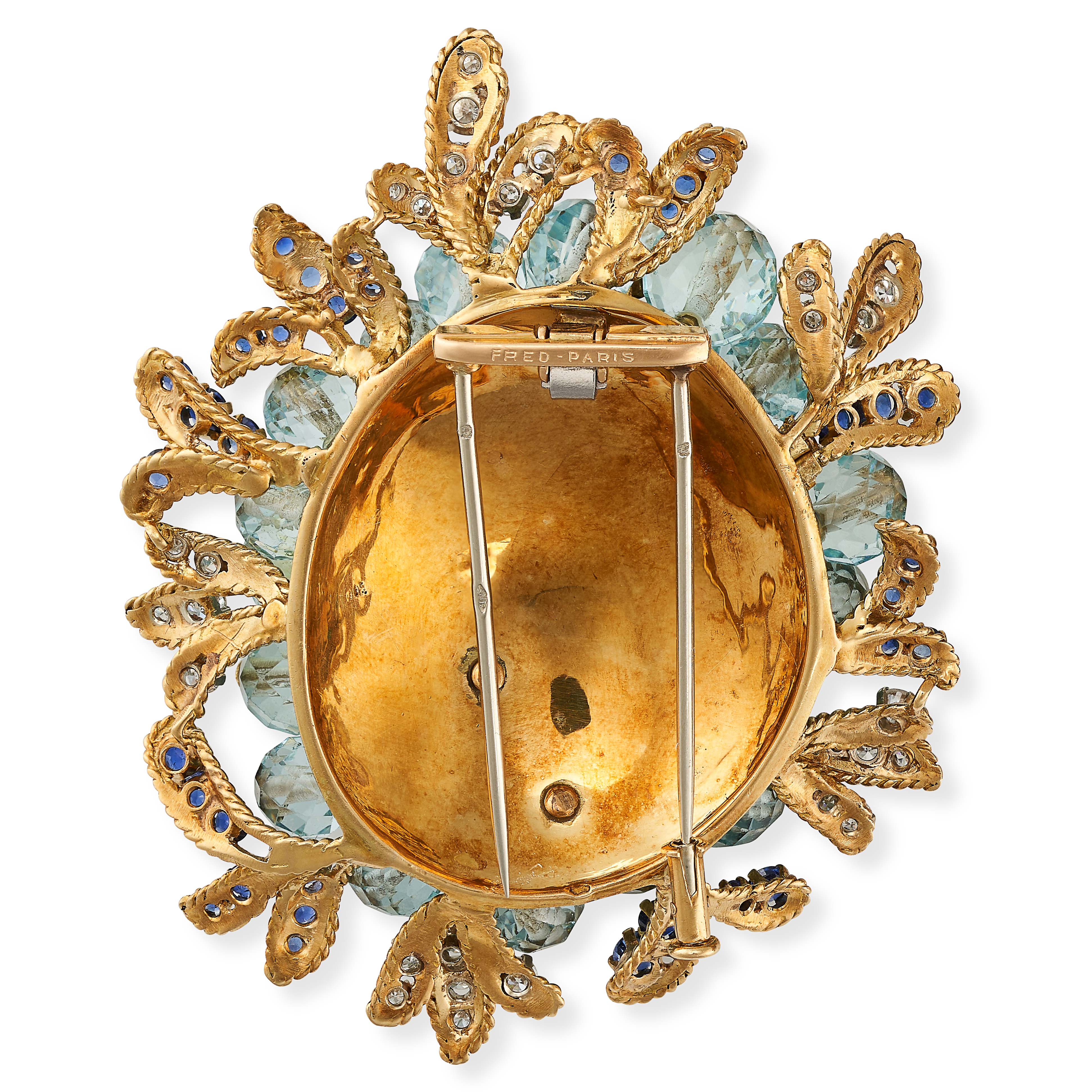 FRED, A VINTAGE AQUAMARINE, SAPPHIRE AND DIAMOND BROOCH in 18ct yellow gold, set with briolette - Image 2 of 2