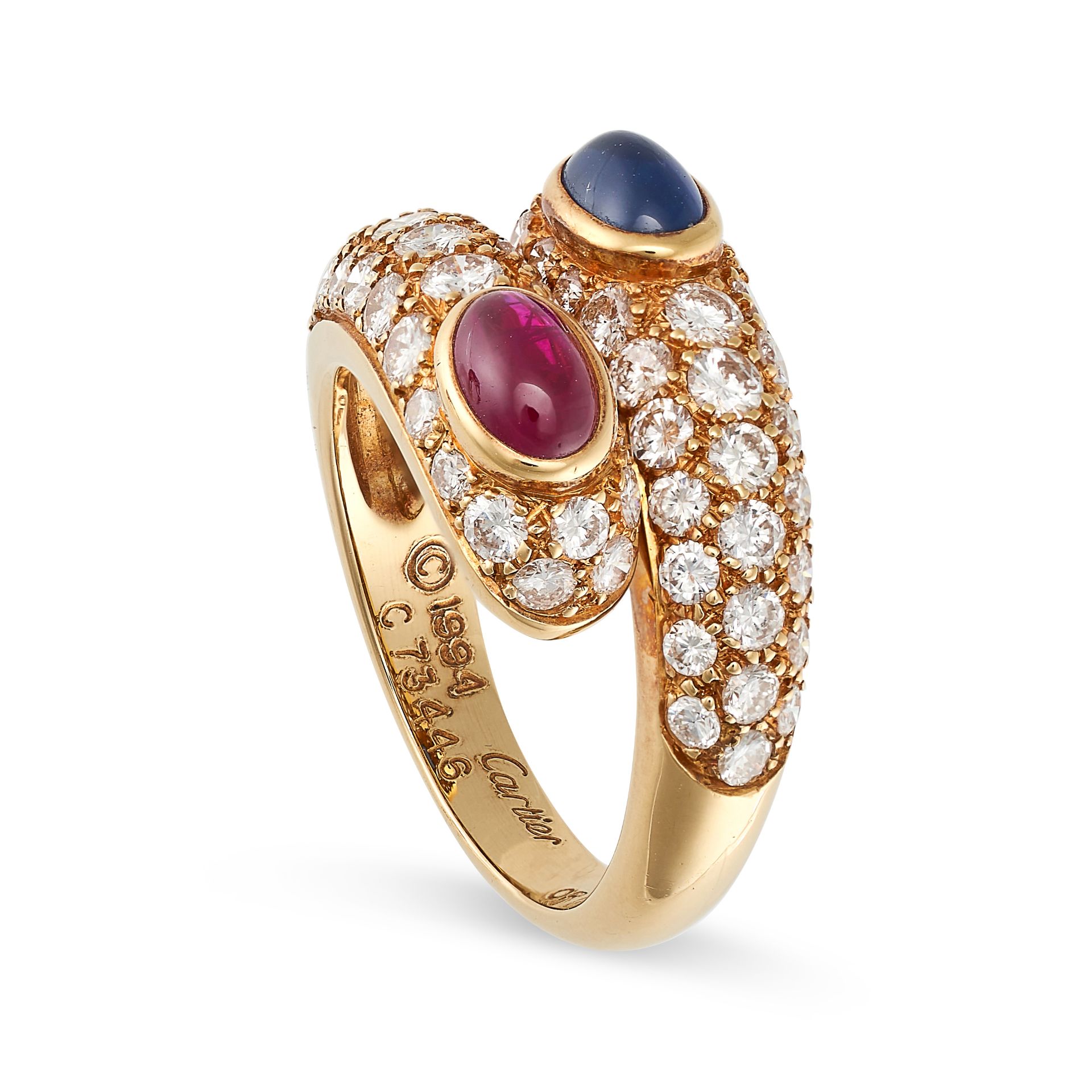 CARTIER, A SAPPHIRE, RUBY AND DIAMOND CROSSOVER RING, 1994 in 18ct yellow gold, the crossover band - Image 2 of 2