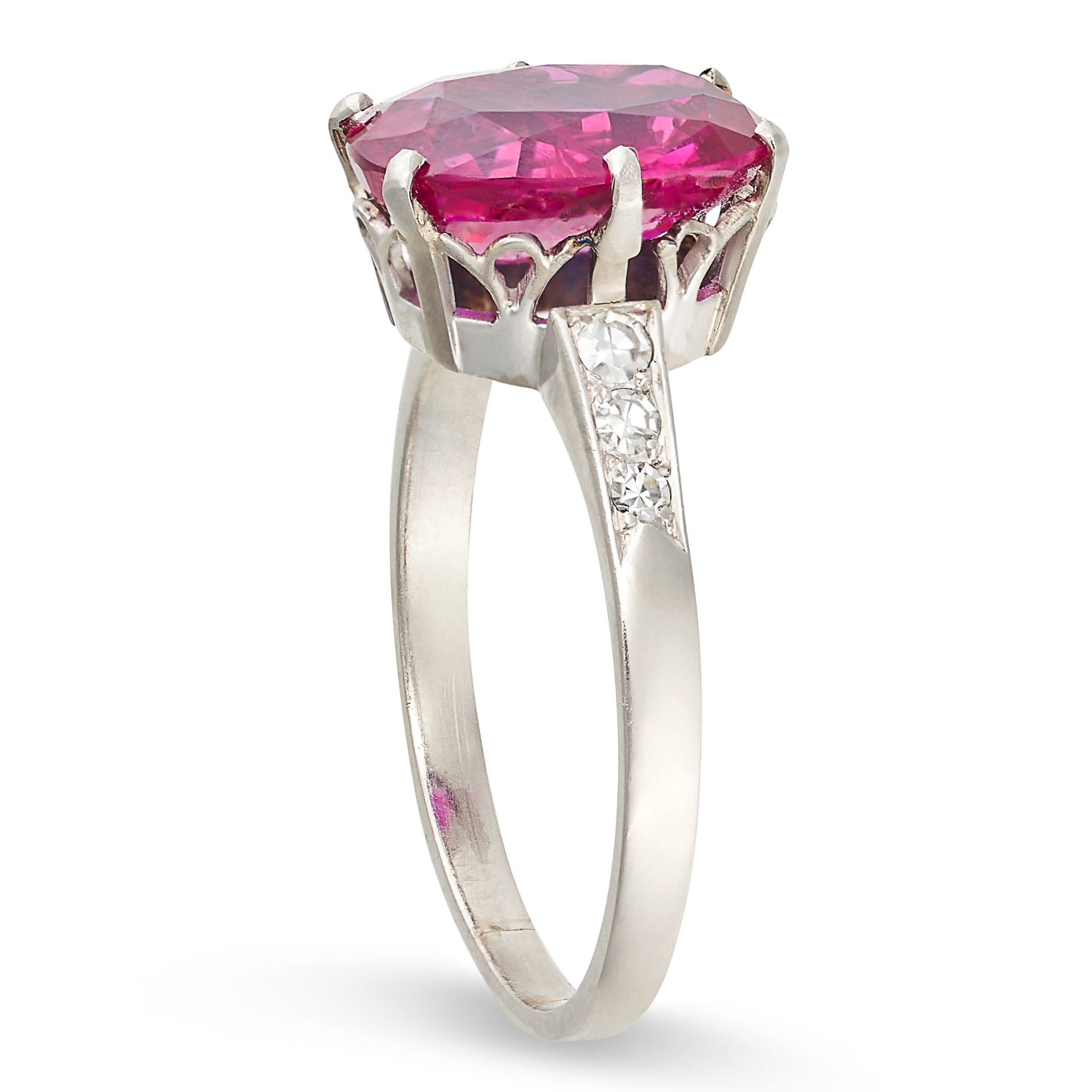 A FINE UNHEATED RUBY AND DIAMOND RING in platinum, set with a cushion cut ruby of 4.65 carats, the - Image 2 of 2