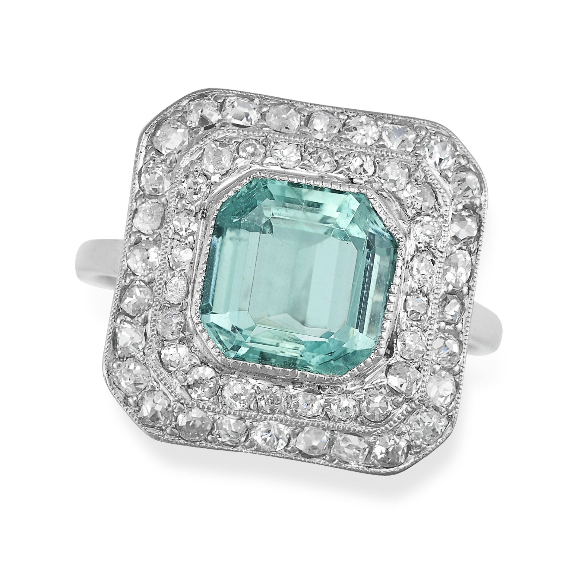 AN AQUAMARINE AND DIAMOND RING the octagonal face set with an octagonal step cut aquamarine of 3.