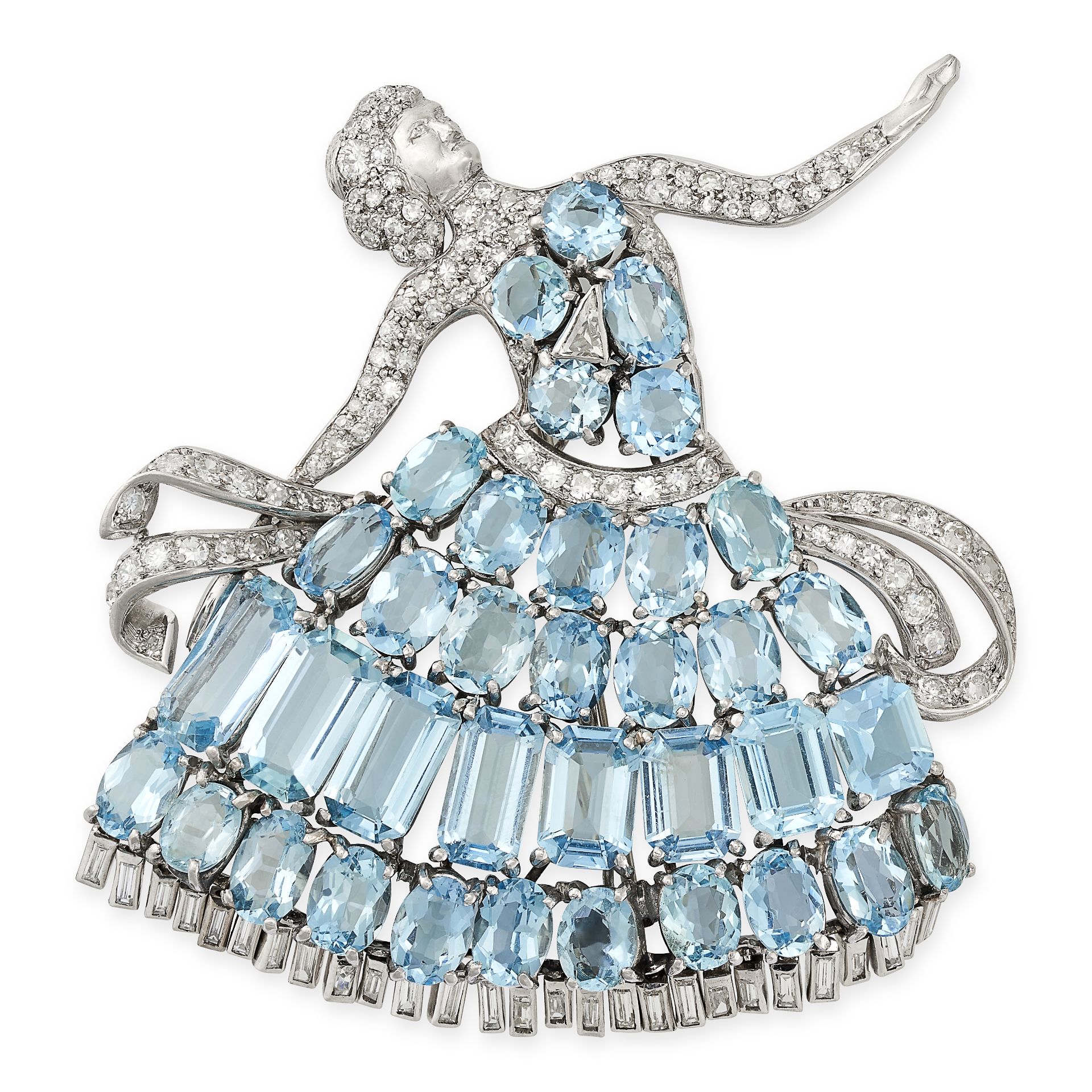 A VINTAGE AQUAMARINE AND DIAMOND BALLERINA BROOCH designed to depict a lady dancing in a ballgown,