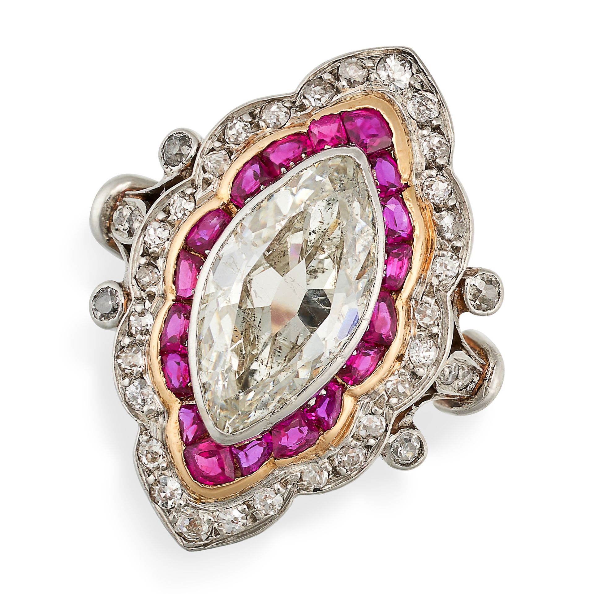 AN ANTIQUE FRENCH DIAMOND AND RUBY DRESS RING in platinum and 18ct yellow gold, set with a