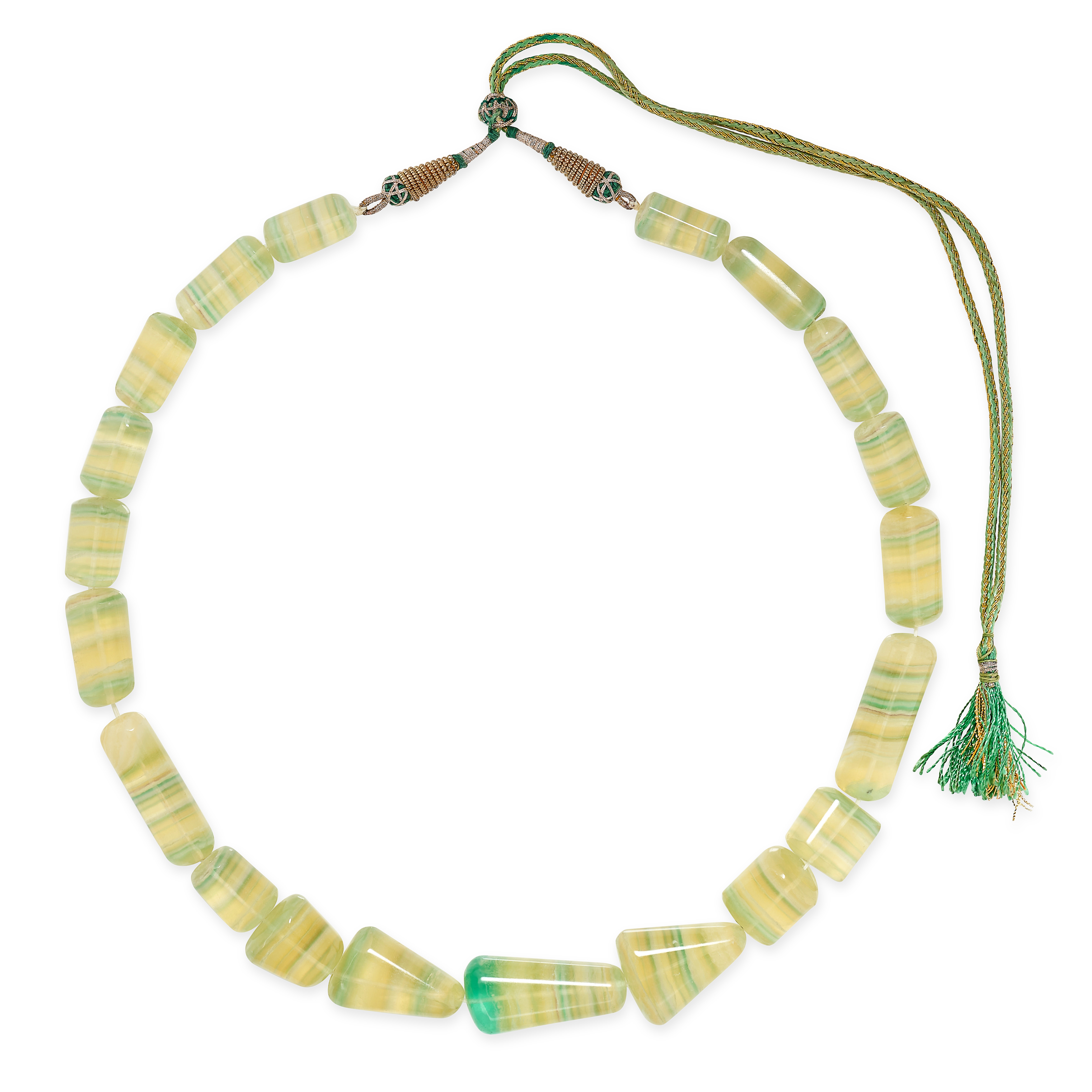 A FLUORITE BEAD NECKLACE comprising a row of graduated polished banded green - yellow fluorite beads