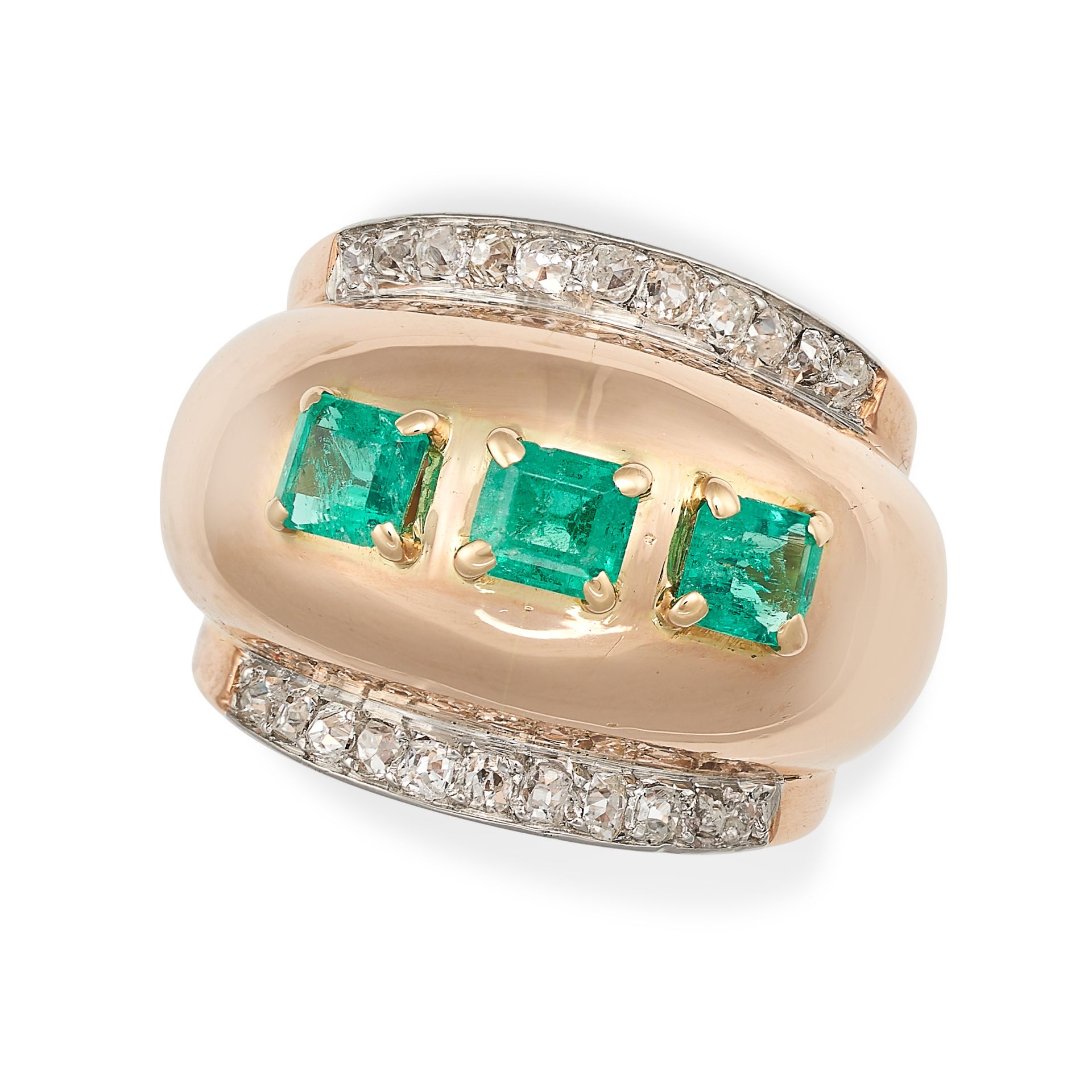 BOUCHERON, A RETRO EMERALD AND DIAMOND BOMBE RING in 18ct rose gold and platinum, the domed face set