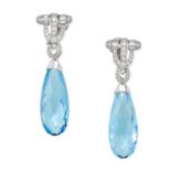 A PAIR OF FINE BLUE TOPAZ AND DIAMOND DROP EARRINGS the shield shape tops each set with round