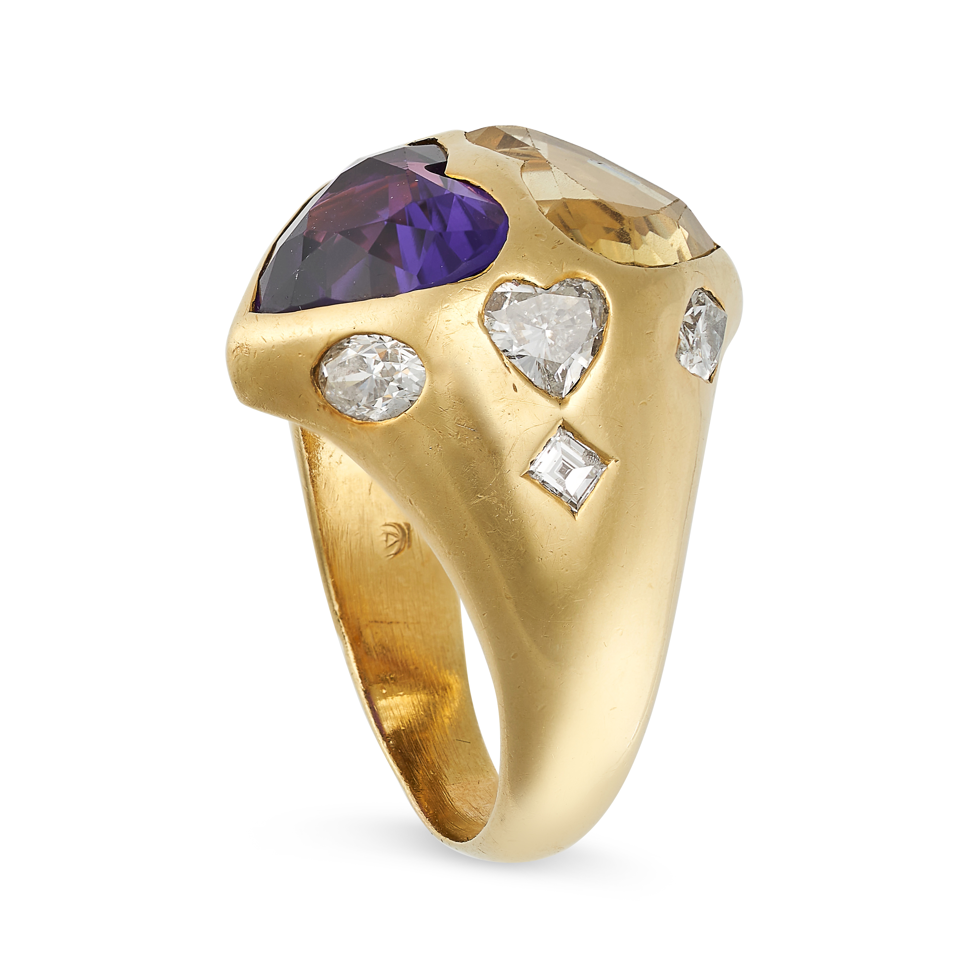 AN UNHEATED YELLOW SAPPHIRE, AMETHYST AND DIAMOND DRESS RING in 18ct yellow gold, the domed face set - Image 2 of 2