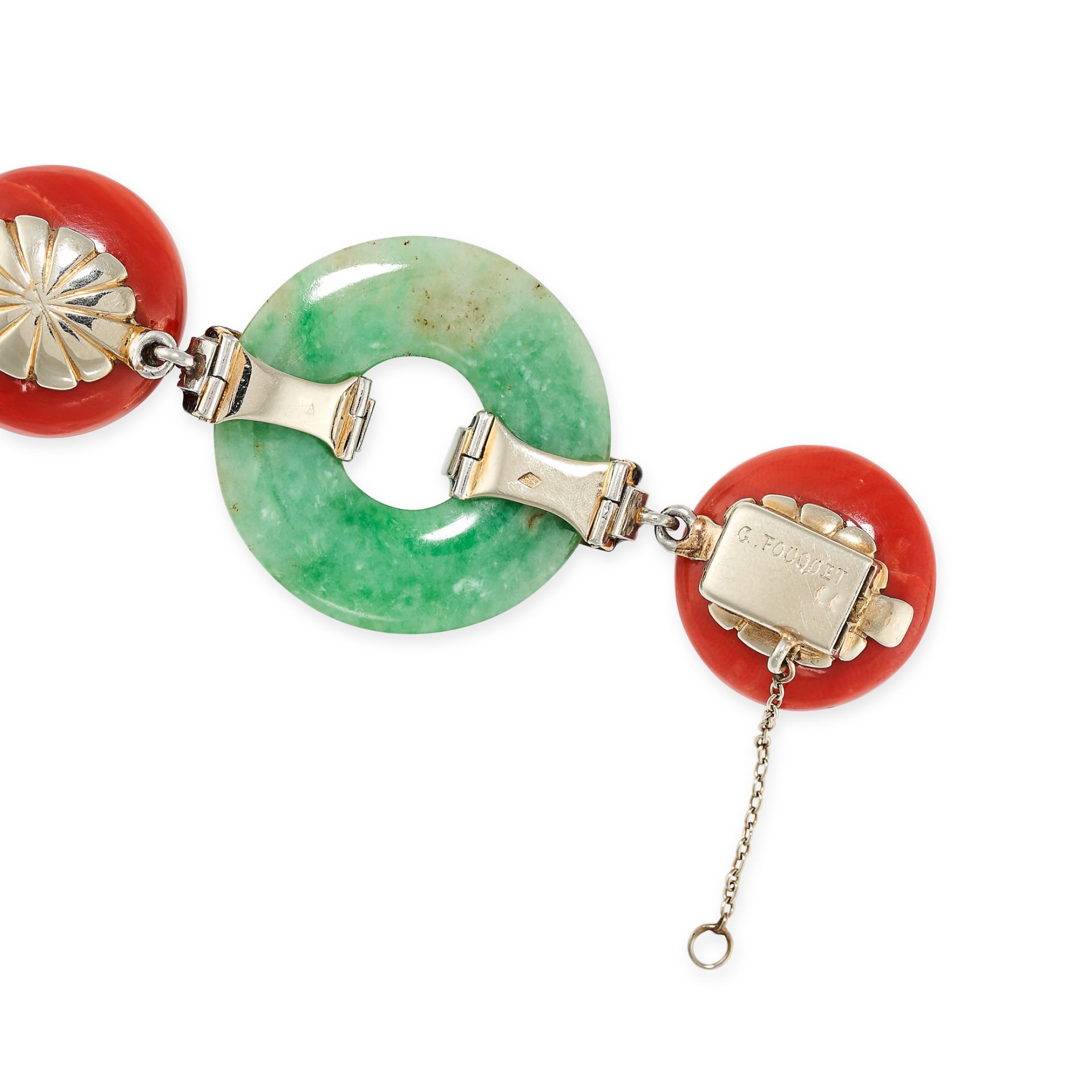 GEORGES FOUQUET, A RARE ART DECO JADIETE JADE, CORAL, ENAMEL AND DIAMOND BRACELET, CIRCA 1925 in - Image 2 of 2