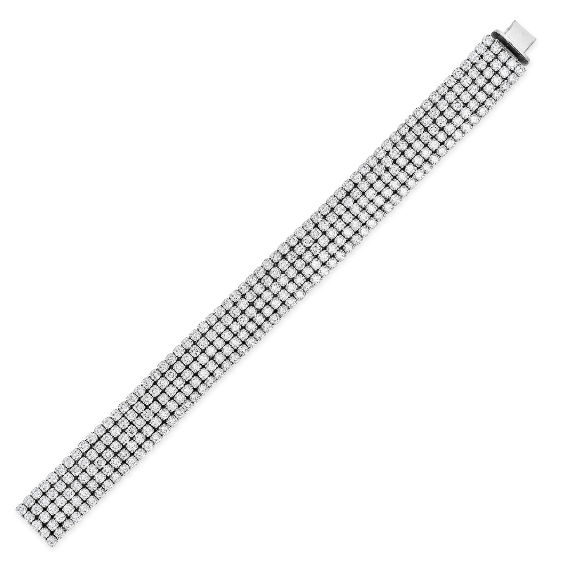 A DIAMOND BRACELET in 18ct white gold, set with five rows of round brilliant cut diamonds, the