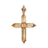 AN ANTIQUE IMPERIAL TOPAZ CROSS PENDANT in rose gold, set with a round cut topaz suspending a
