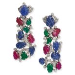 A PAIR OF RUBY, EMERALD, SAPPHIRE AND DIAMOND TUTTI FRUTTI DROP EARRINGS in 18ct white gold, set