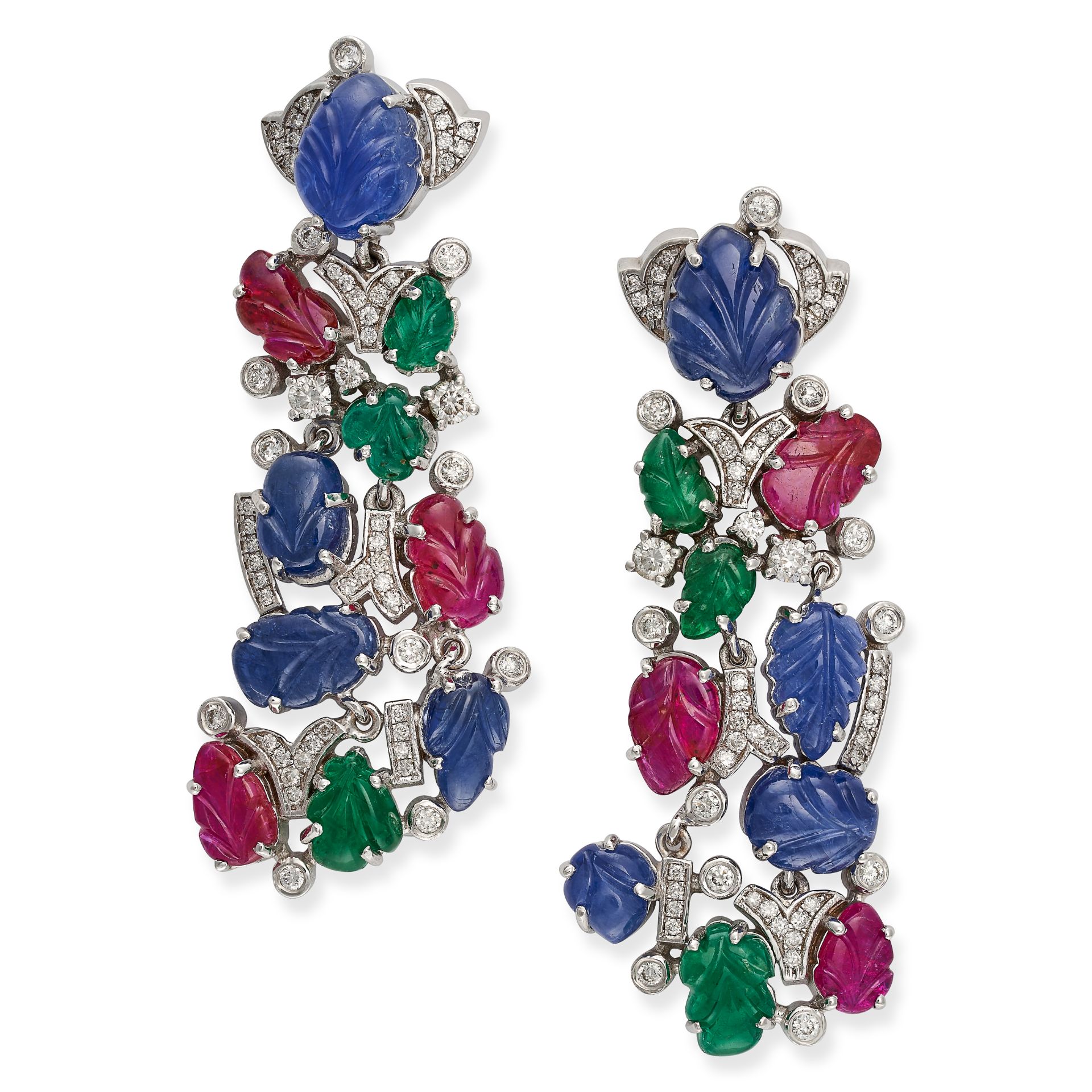 A PAIR OF RUBY, EMERALD, SAPPHIRE AND DIAMOND TUTTI FRUTTI DROP EARRINGS in 18ct white gold, set