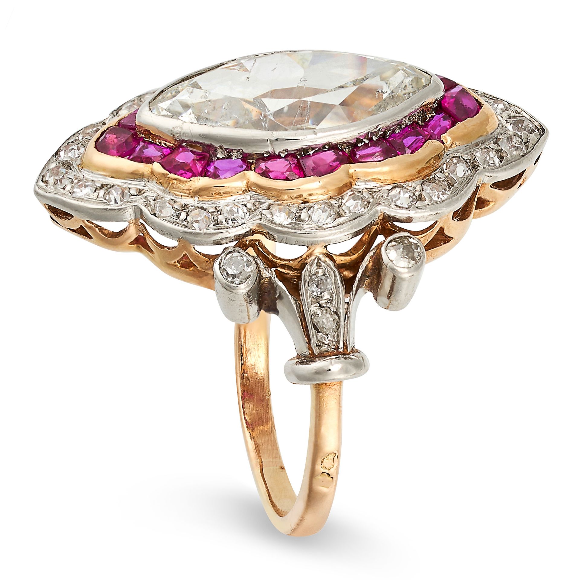 AN ANTIQUE FRENCH DIAMOND AND RUBY DRESS RING in platinum and 18ct yellow gold, set with a - Image 2 of 2