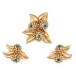A FRENCH VINTAGE EMERALD AND DIAMOND BROOCH AND EARRINGS SUITE in 18ct yellow gold and platinum,